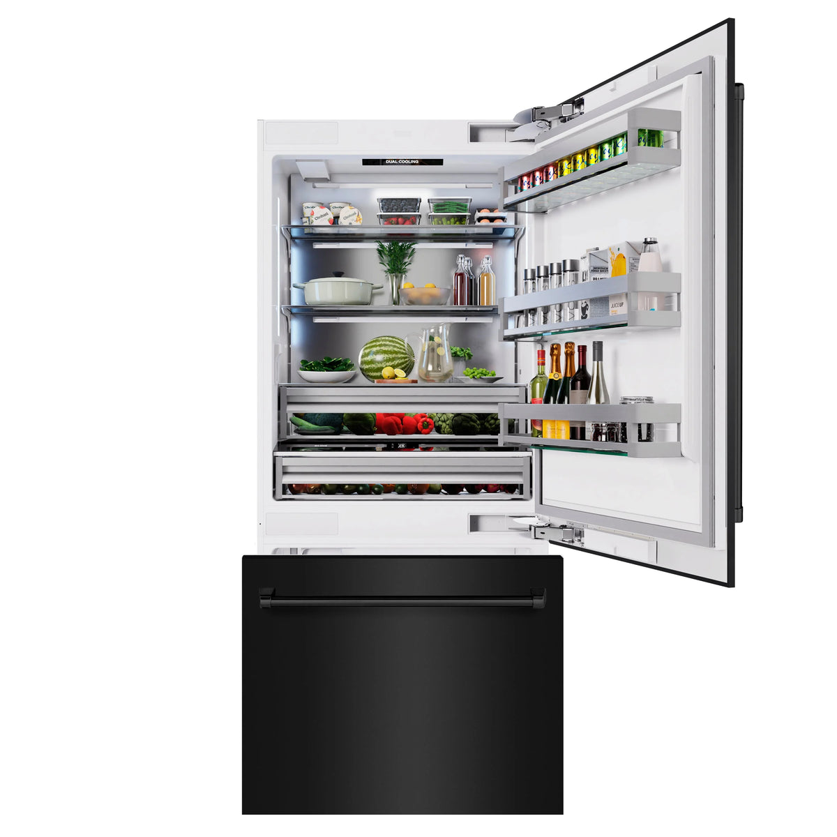 Bottom-freezer refrigerator with open doors and stocked shelves in the interior