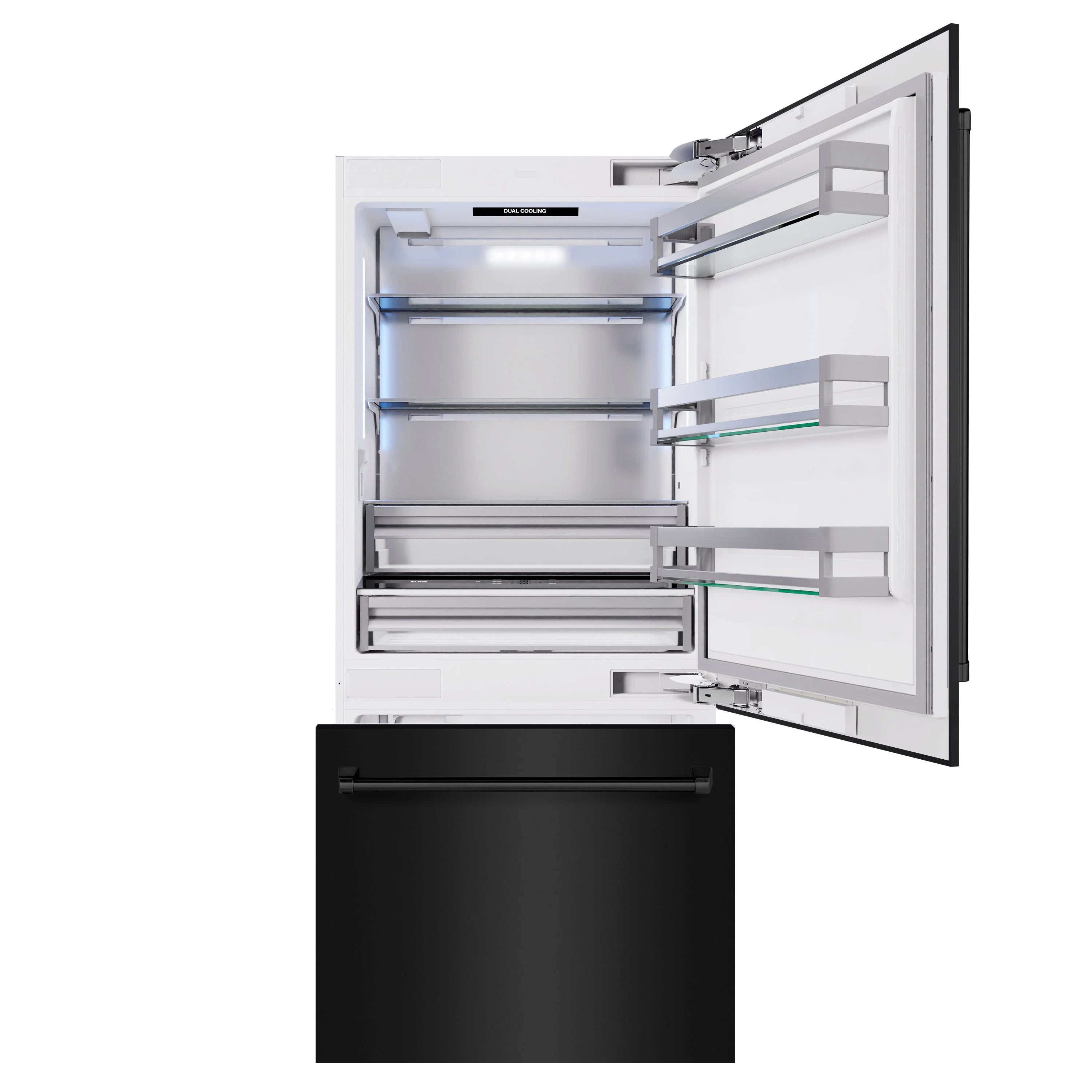 Built-in bottom-freezer refrigerator with open doors showing interior shelves and bins