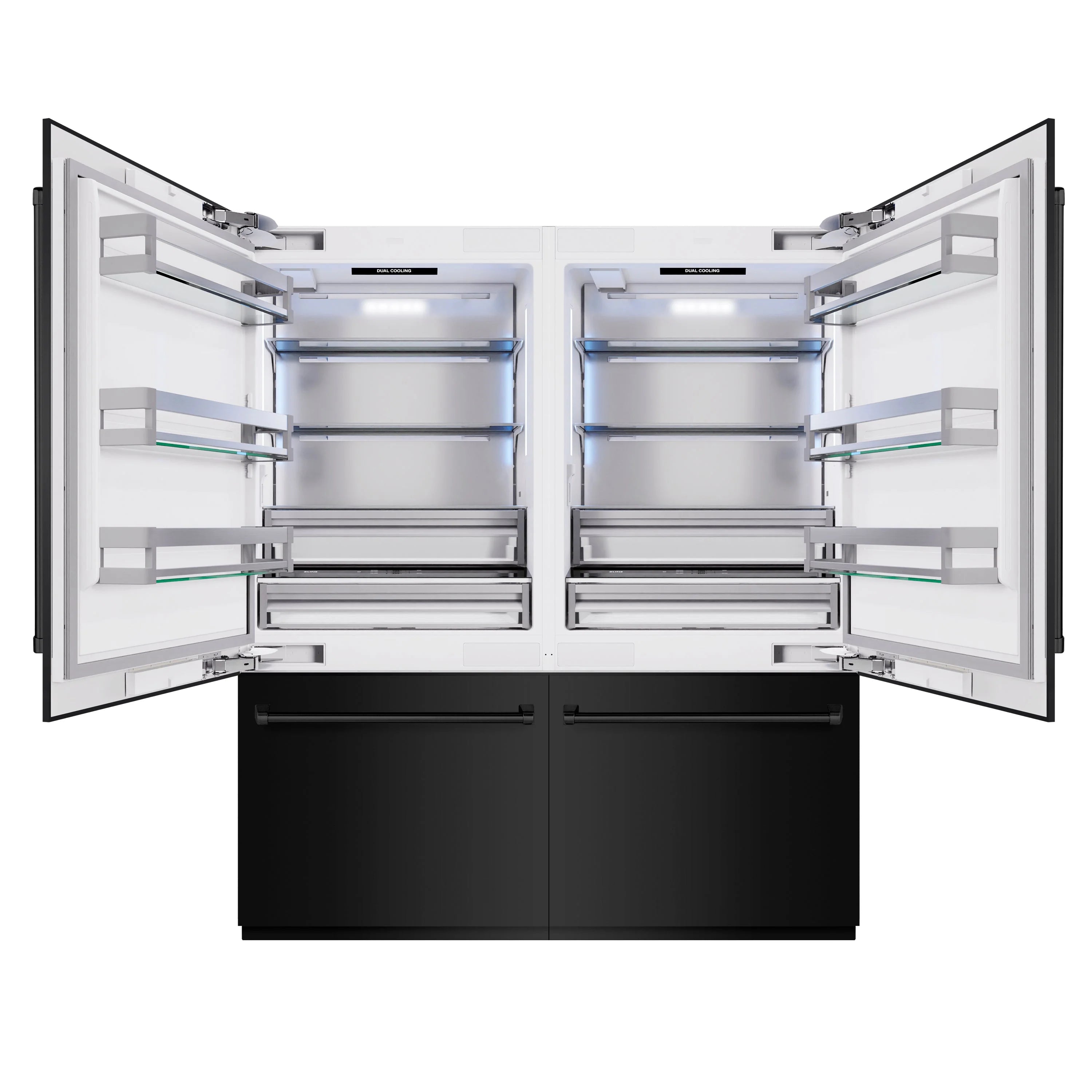 Black stainless refrigerator with French doors open, interior compartments and bottom freezer drawers