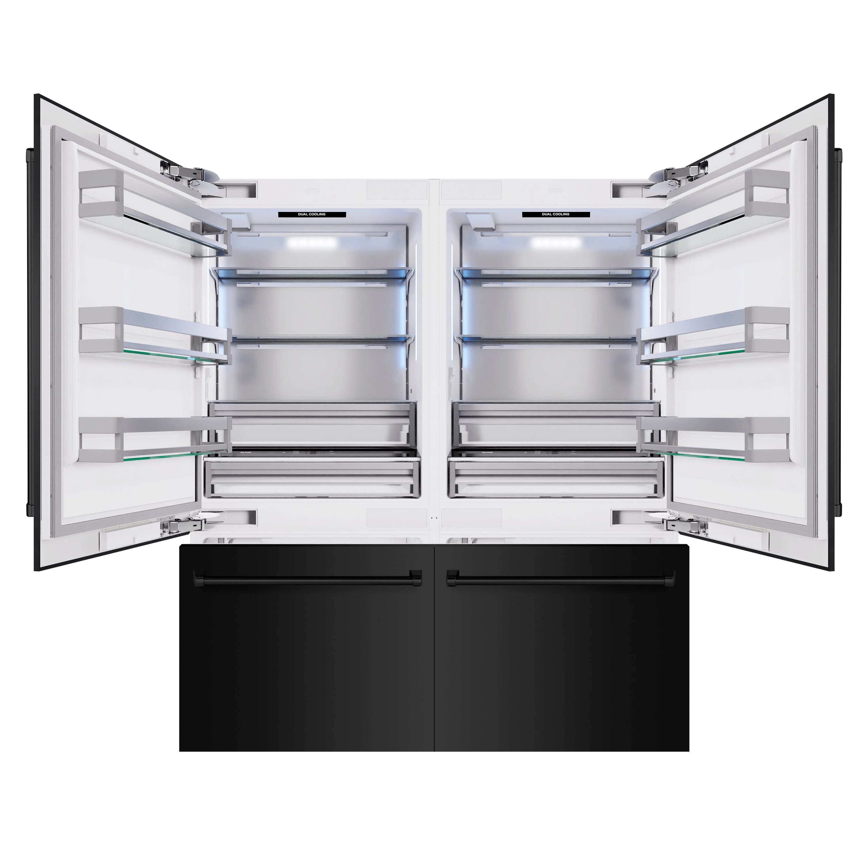 Black stainless French door refrigerator with open doors and visible adjustable interior shelves