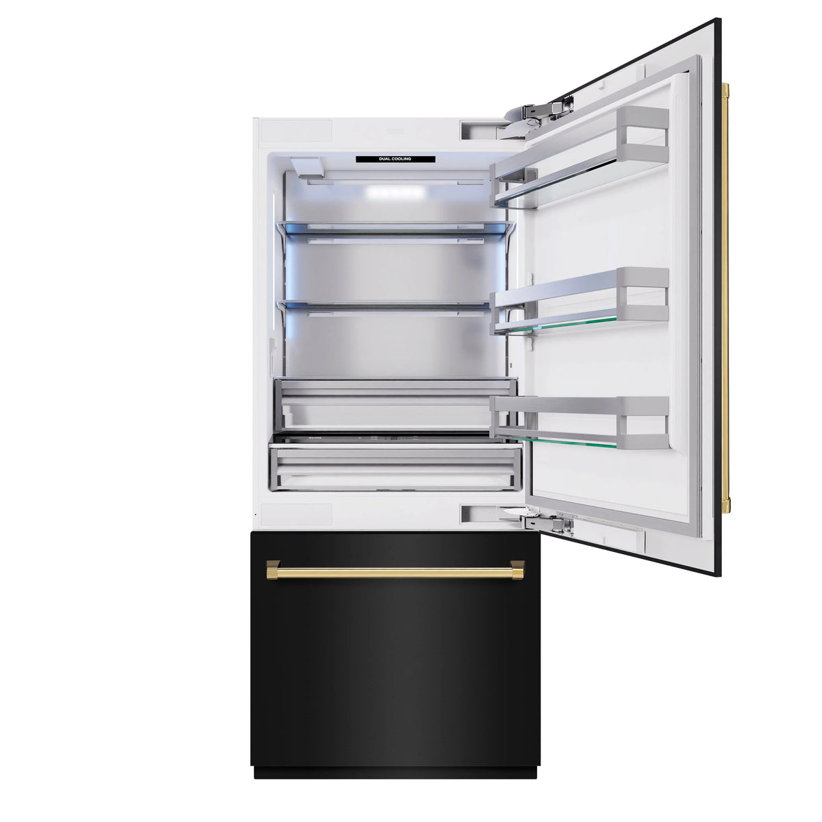 Open black stainless refrigerator door with gold bottom freezer handle and shelves