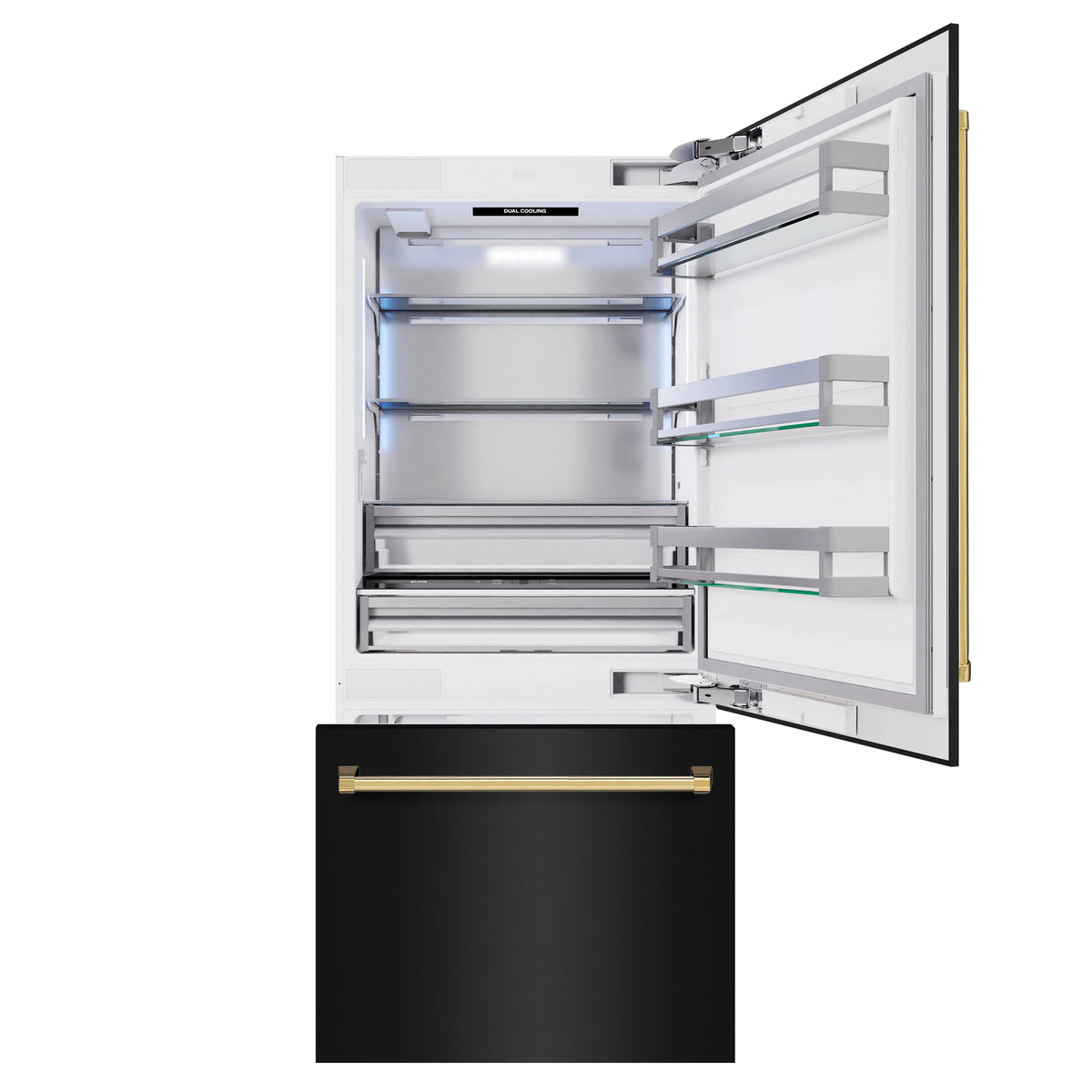 Built-in bottom freezer refrigerator with open door and shelving, black stainless and gold accents