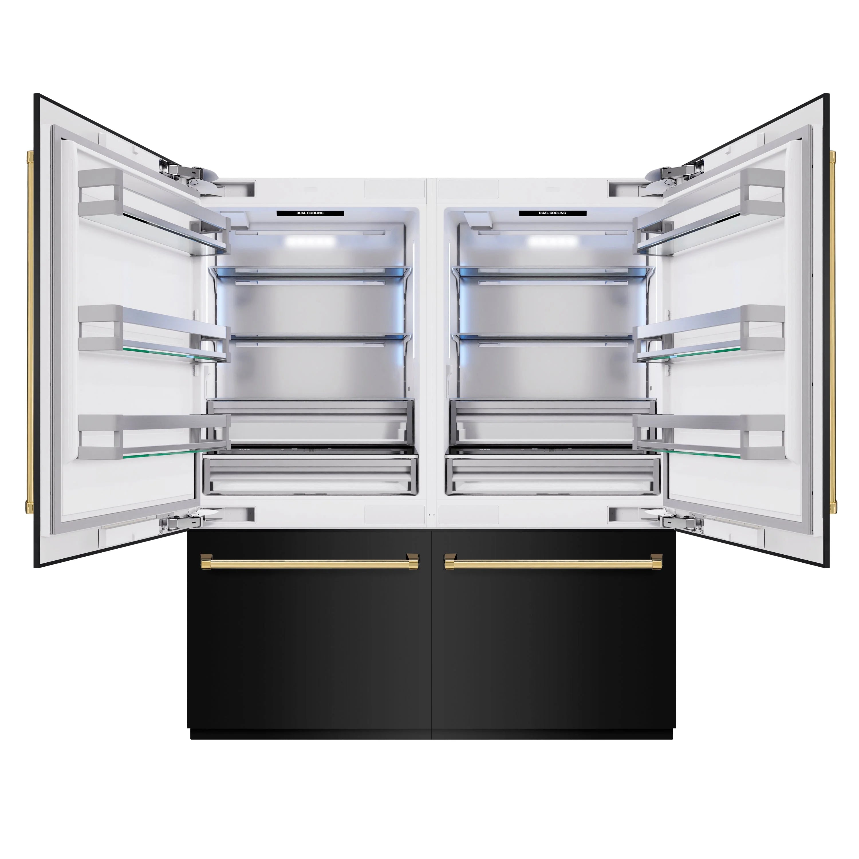 Black stainless French-door bottom freezer fridge with open doors, shelves, drawers, gold accents