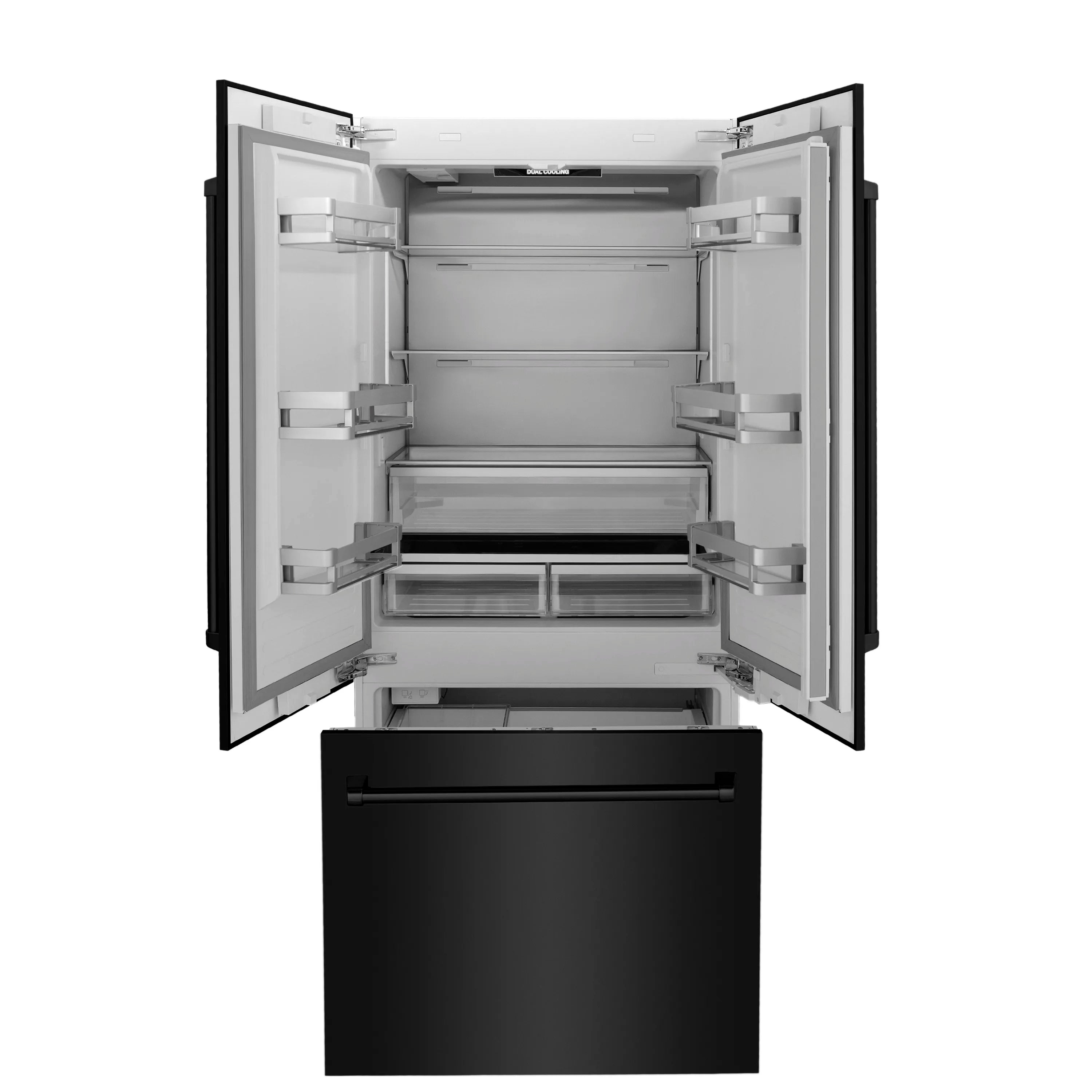 Built-in freezer refrigerator interior with open doors and shelves