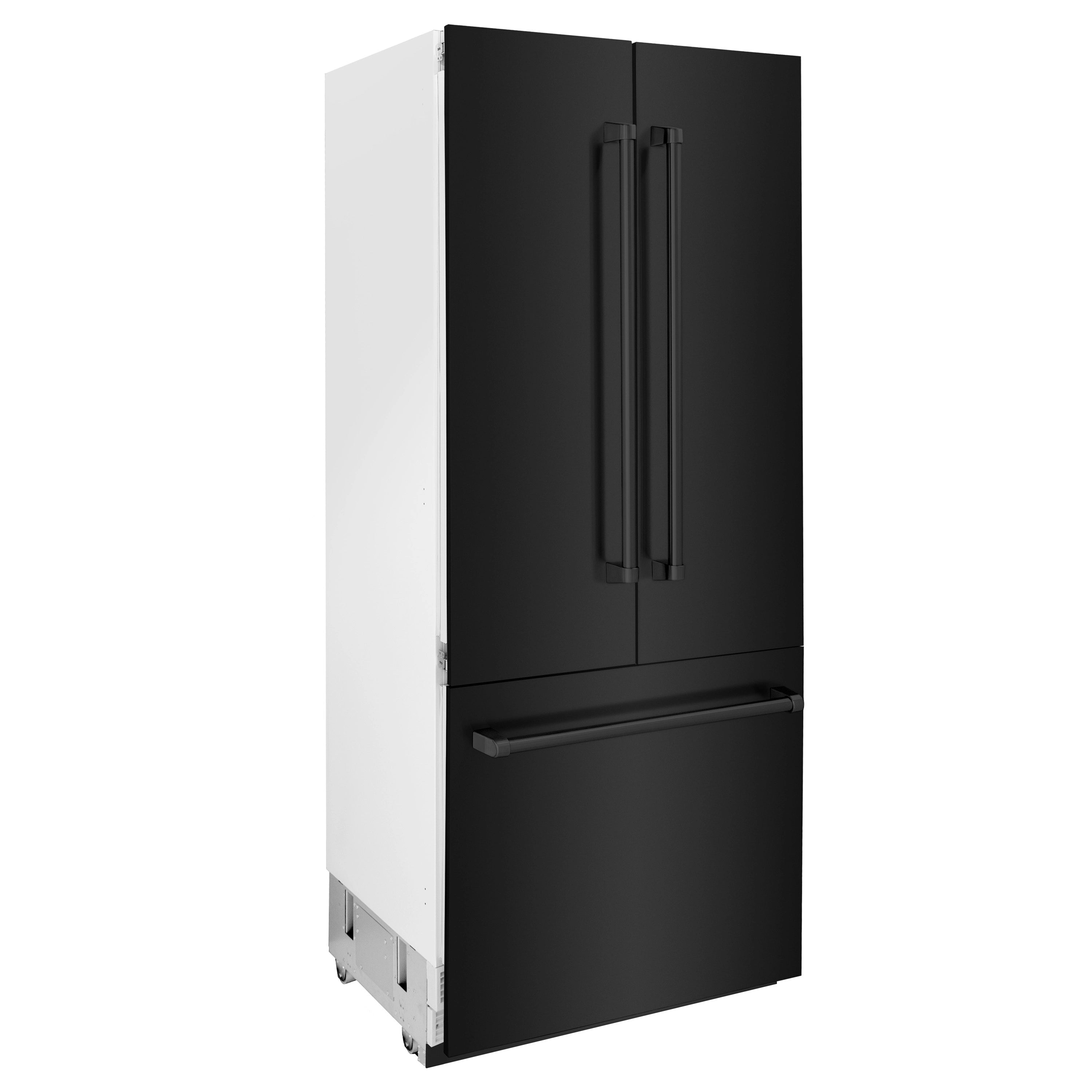 Built-in freezer refrigerator side view with pull handle and dispenser area