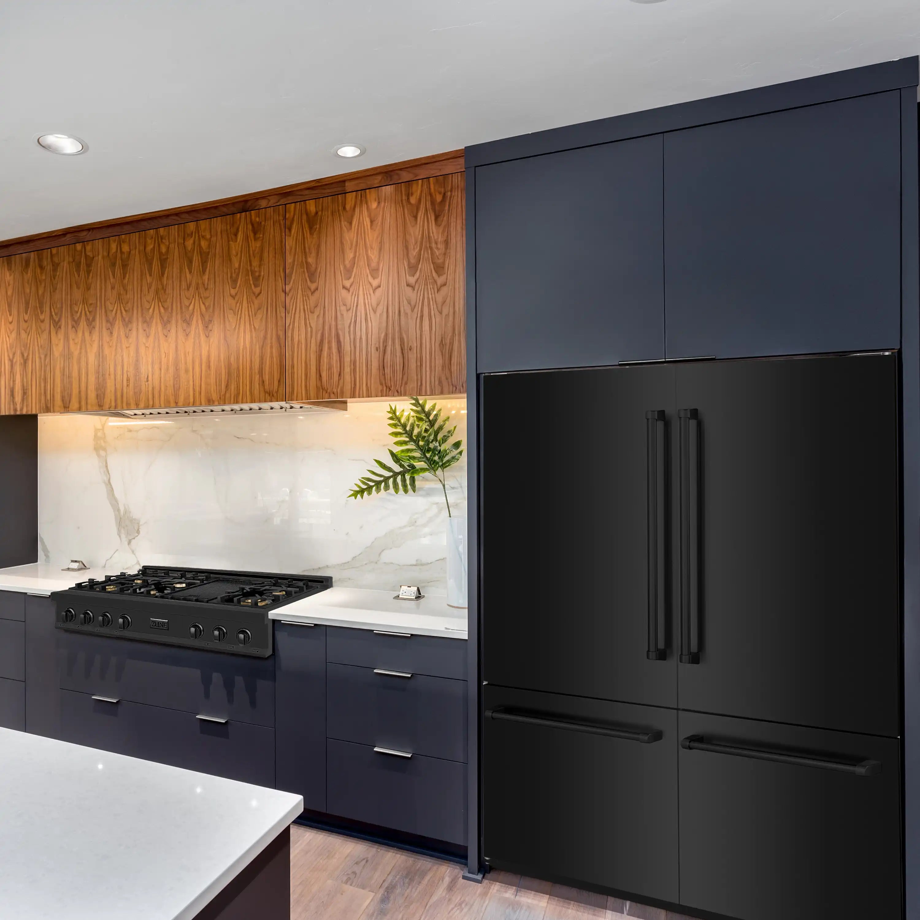 Black stainless steel French door refrigerator with vertical handles and freezer drawer