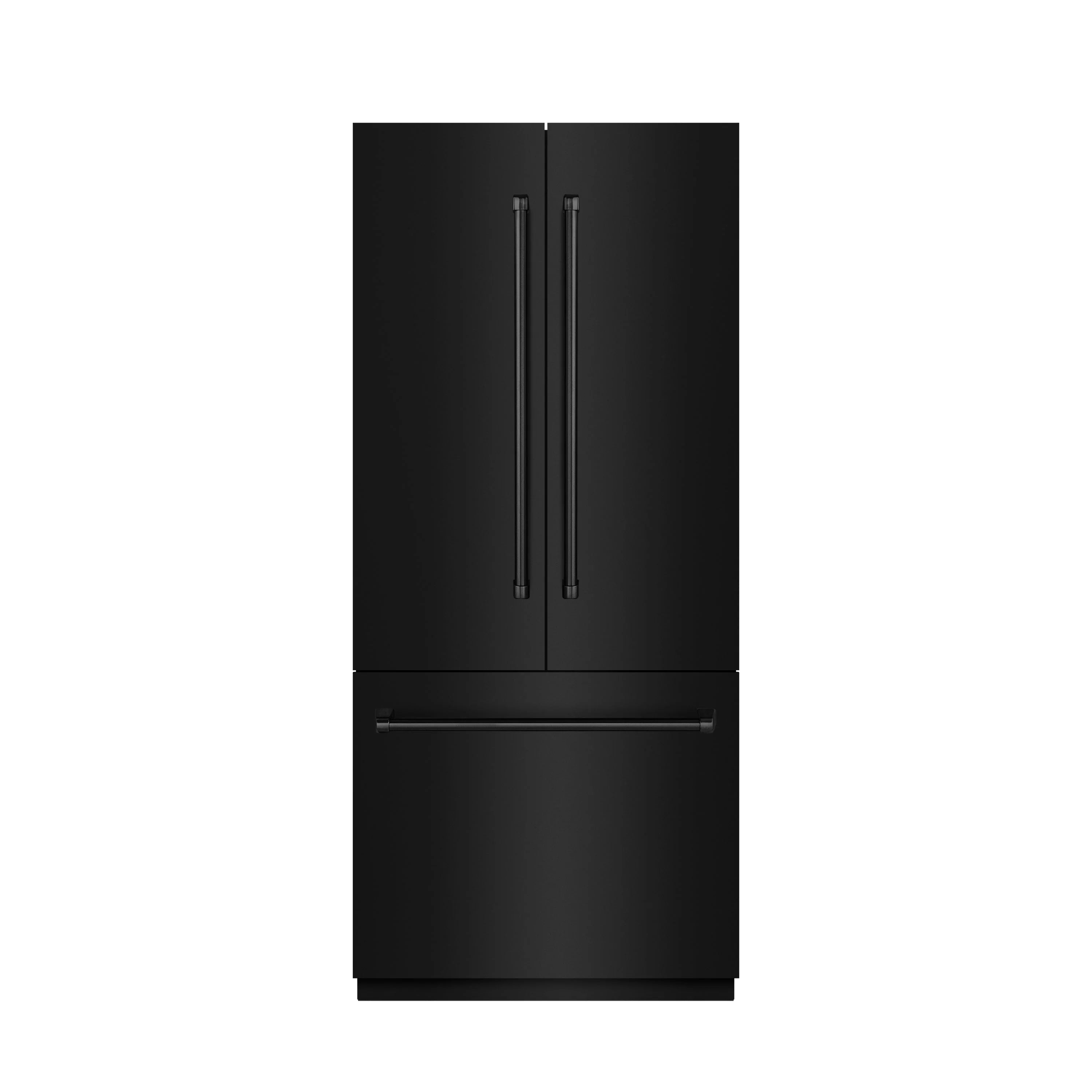 Black stainless French door refrigerator with bottom freezer and slim handles