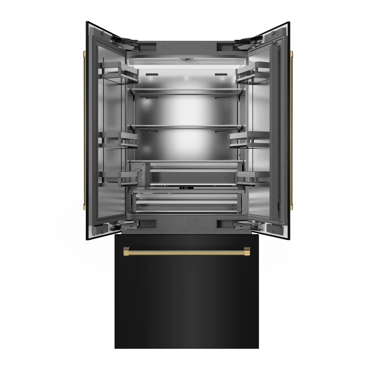 Open black French door refrigerator with stainless interior and gold handle bar