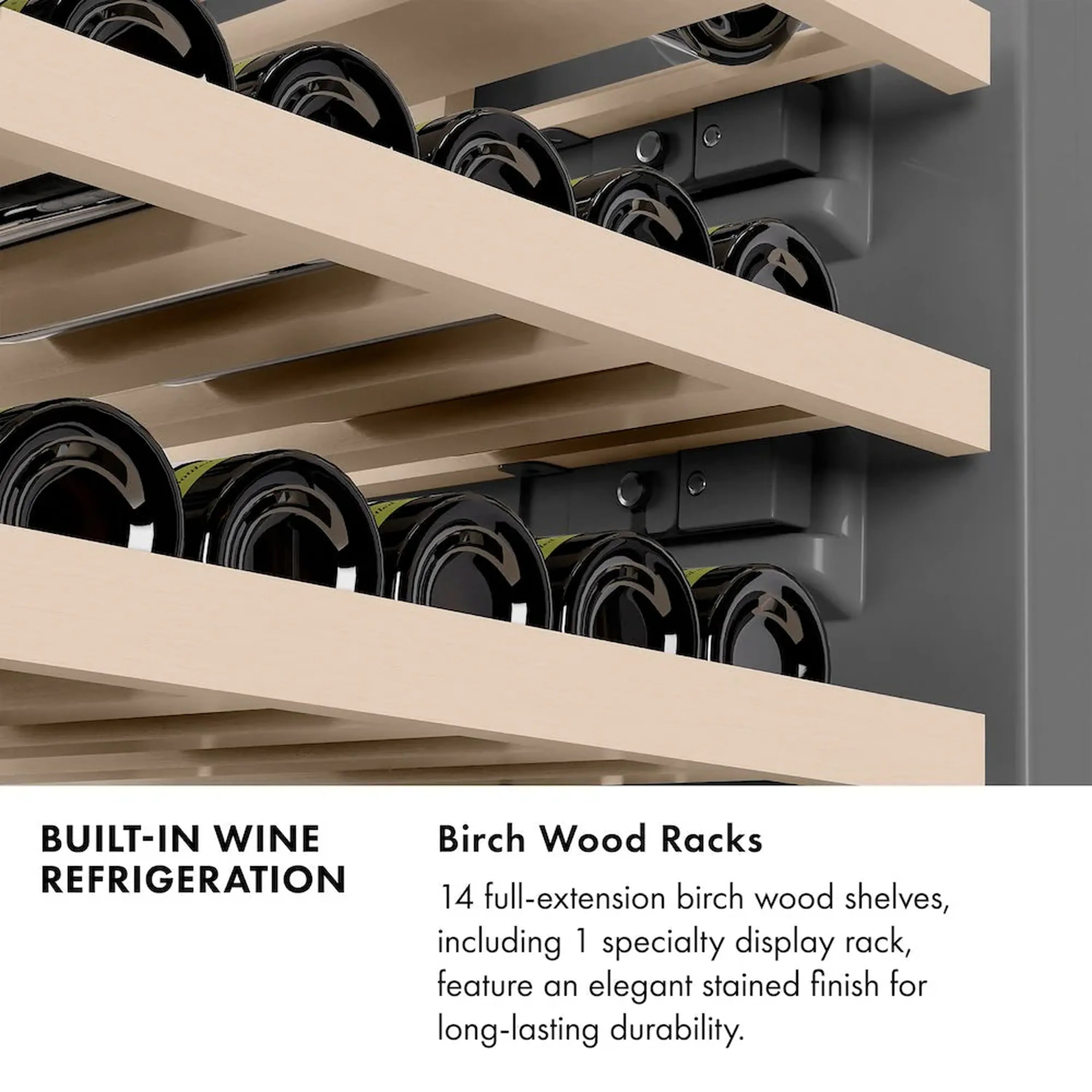 Wine cooler interior with birch wood racks and neatly stored bottles