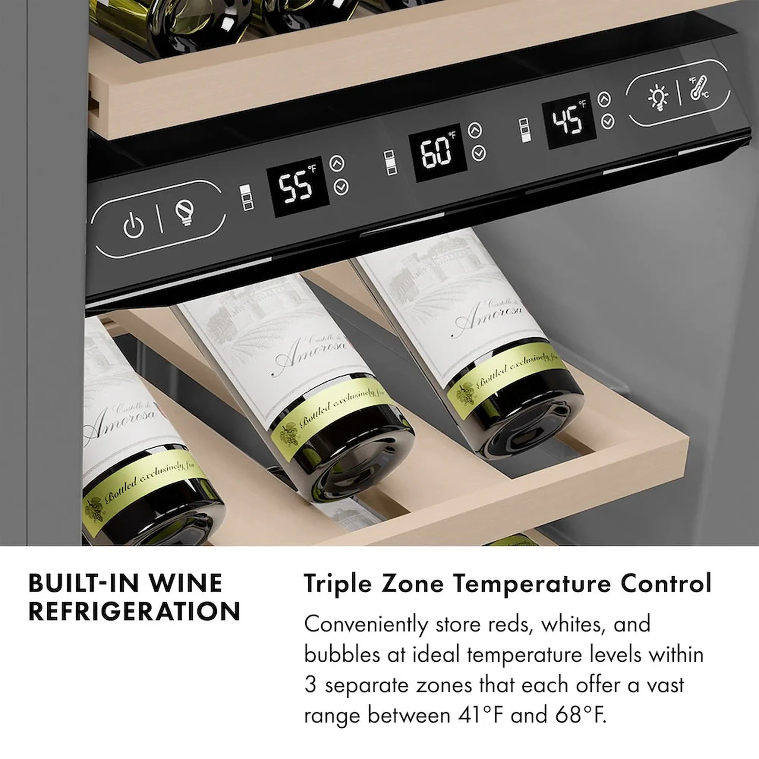 Built-in wine cooler control panel with digital temperature display and touch icons