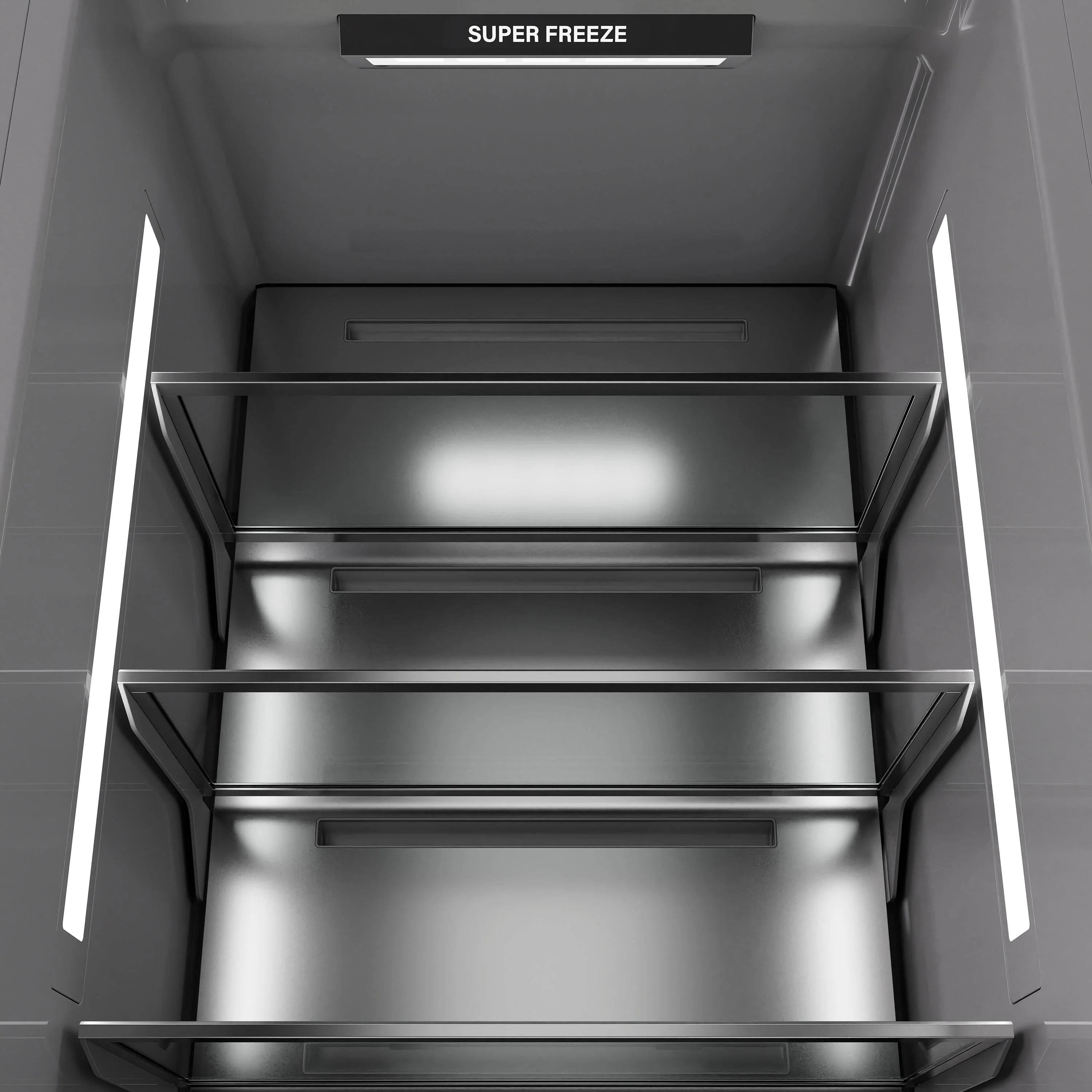 Column freezer with open top compartment and stainless interior shelves