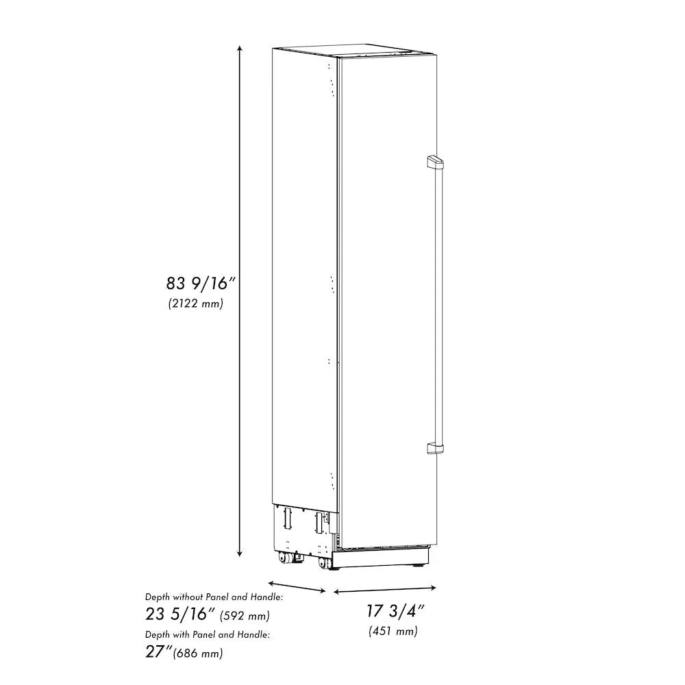 Column freezer size diagram with height and depth measurements