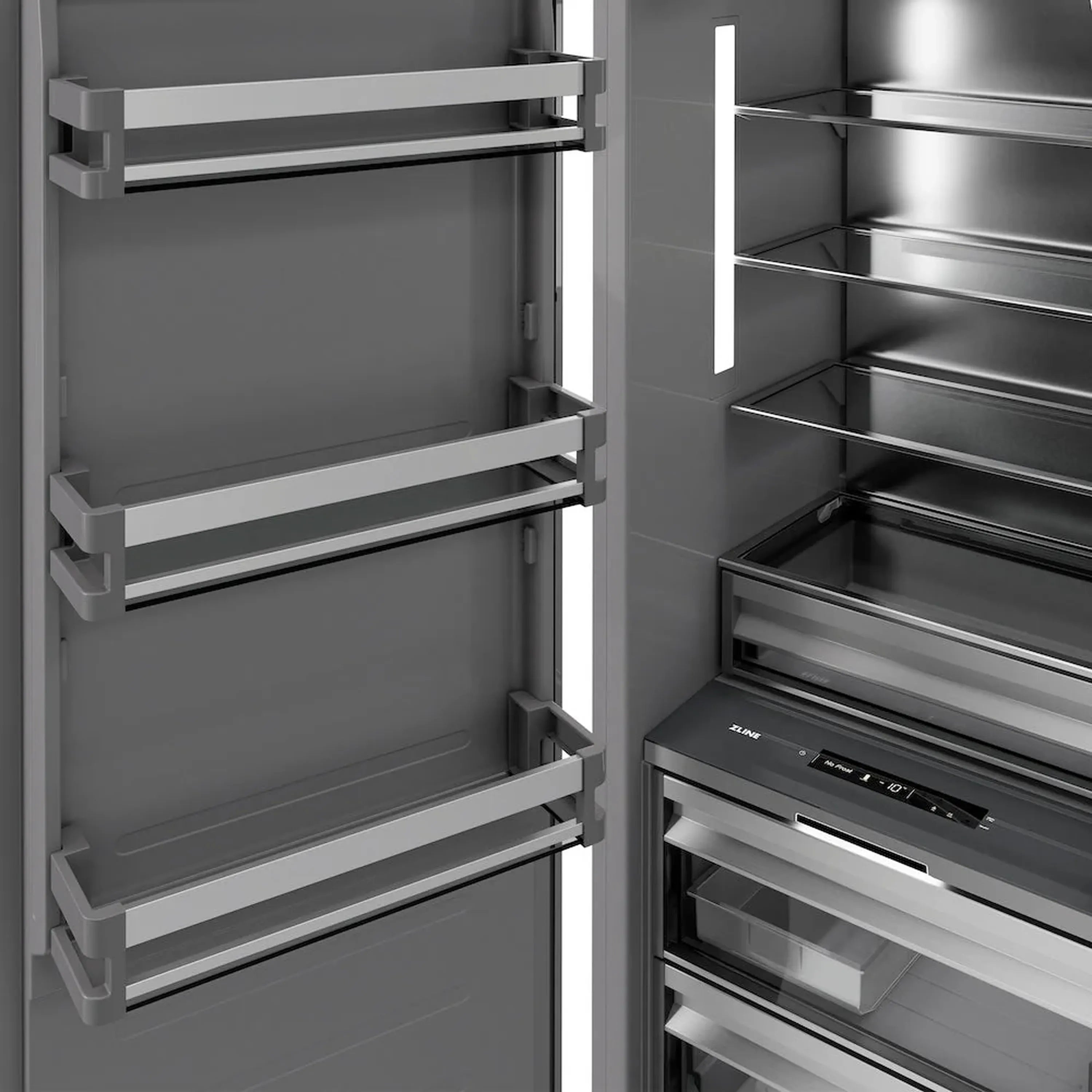Left-hinge column freezer with removable shelves and dark interior liners