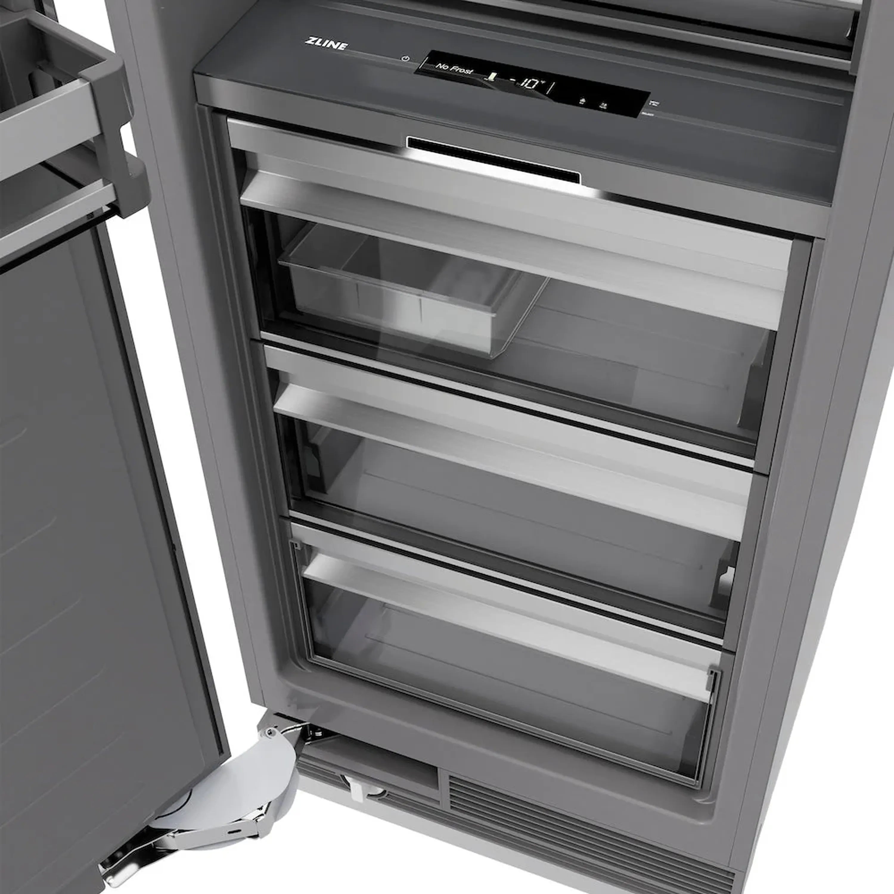 Open left-hinge freezer door showing interior drawers and control panel area