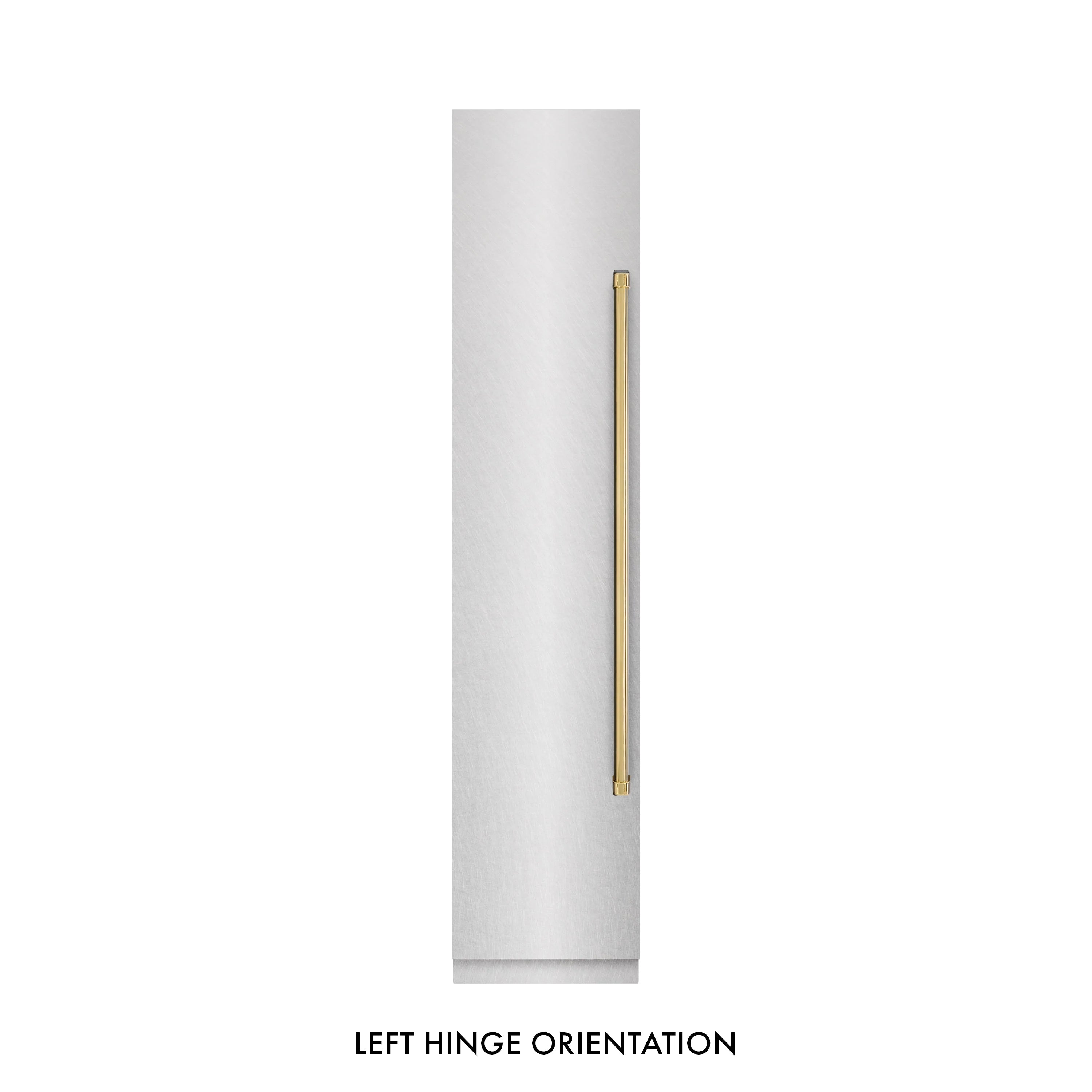 Satin stainless steel left-hinge orientation detail with polished gold accent
