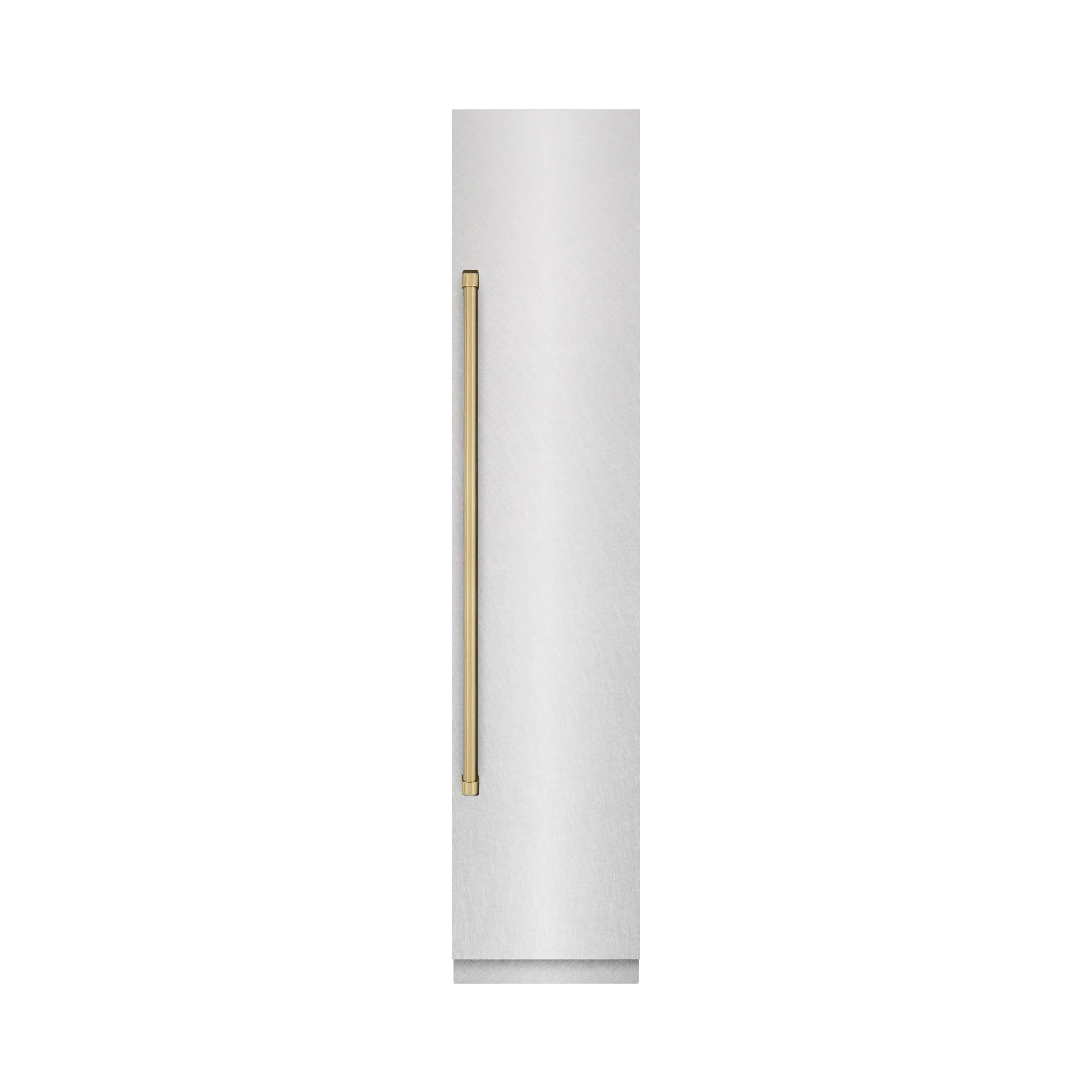 Champagne bronze door handle accent on satin stainless freezer door