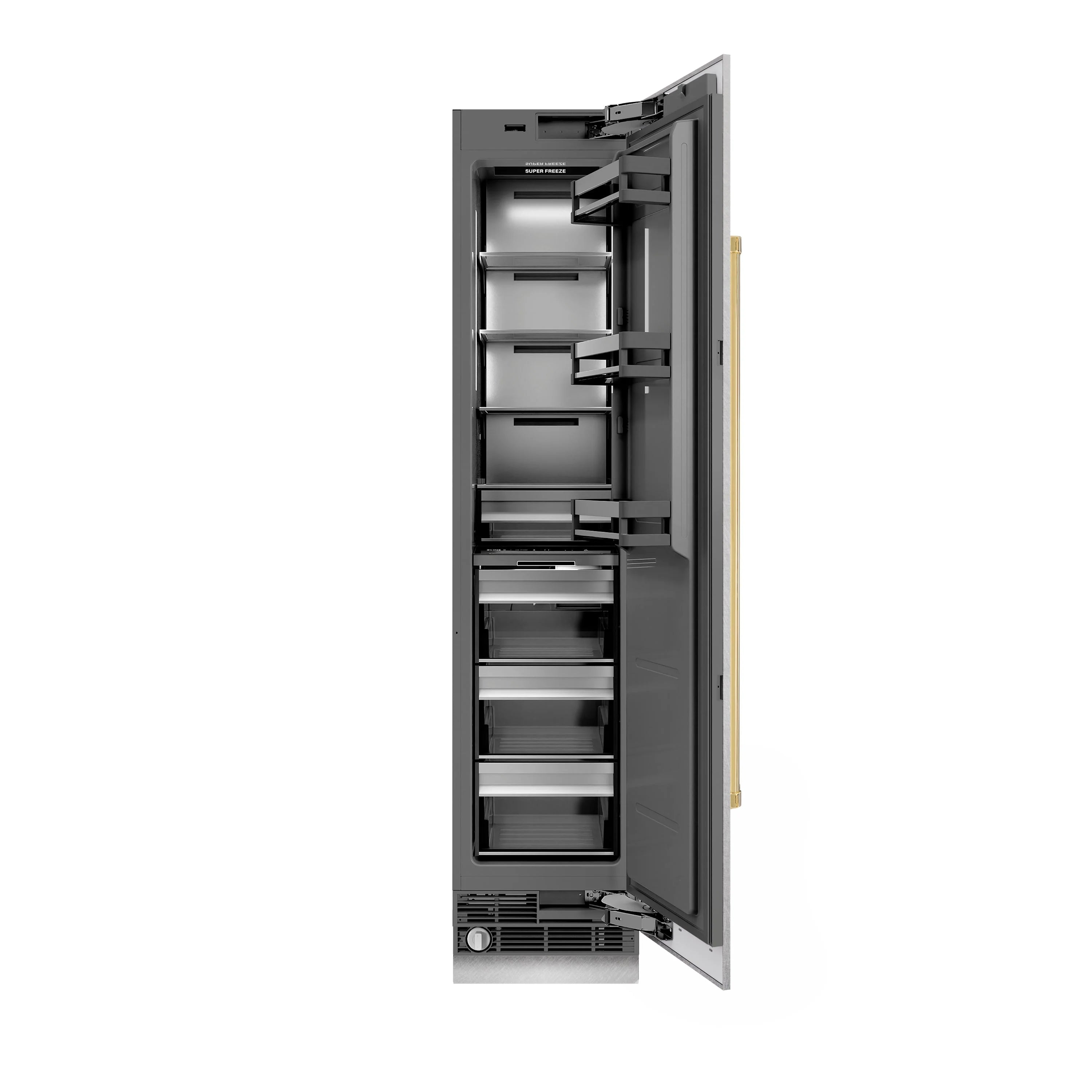 Right-hinge column freezer door open, showing shelves and internal hardware