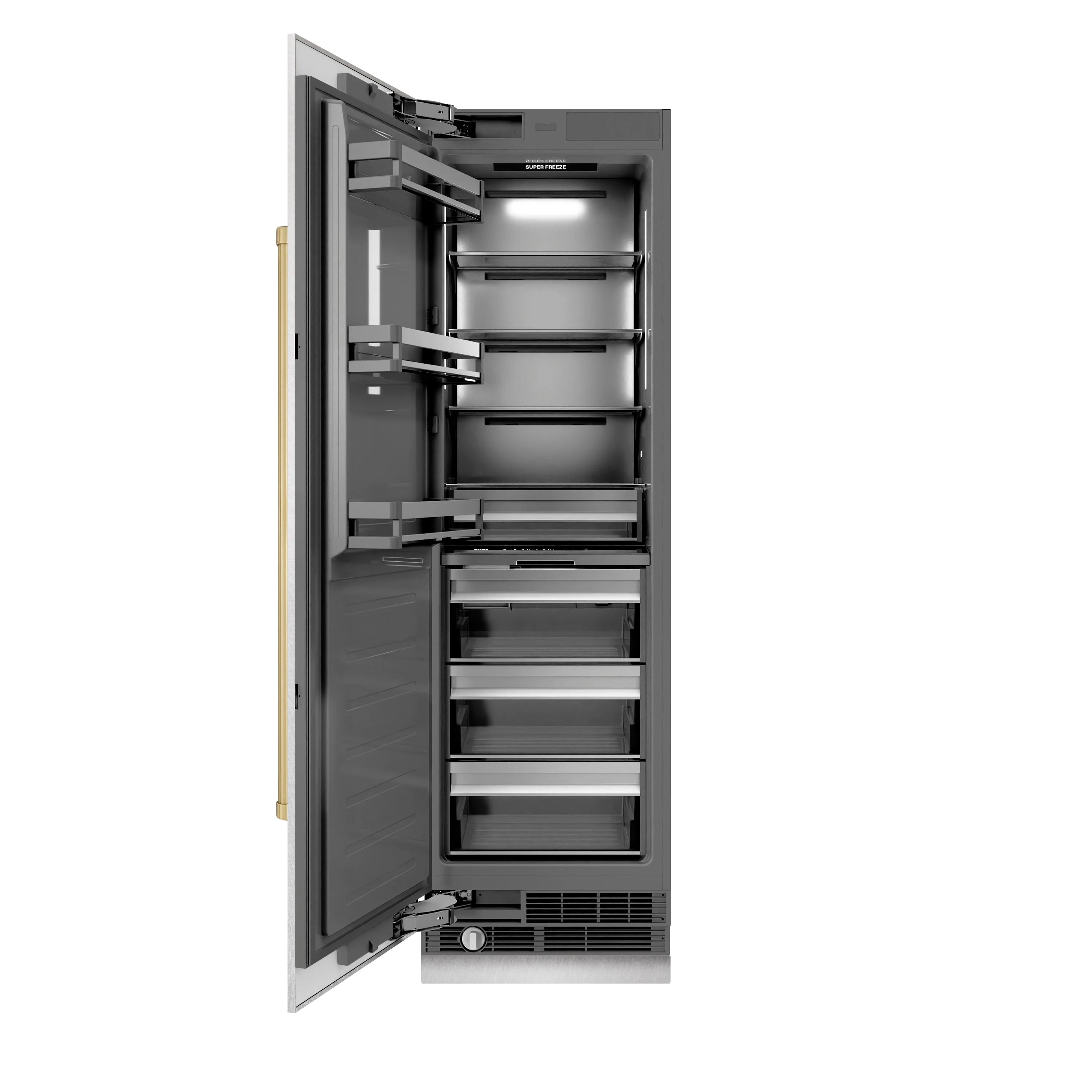 Column freezer door open with stacked shelves and drawers, dark interior, bronze side accents