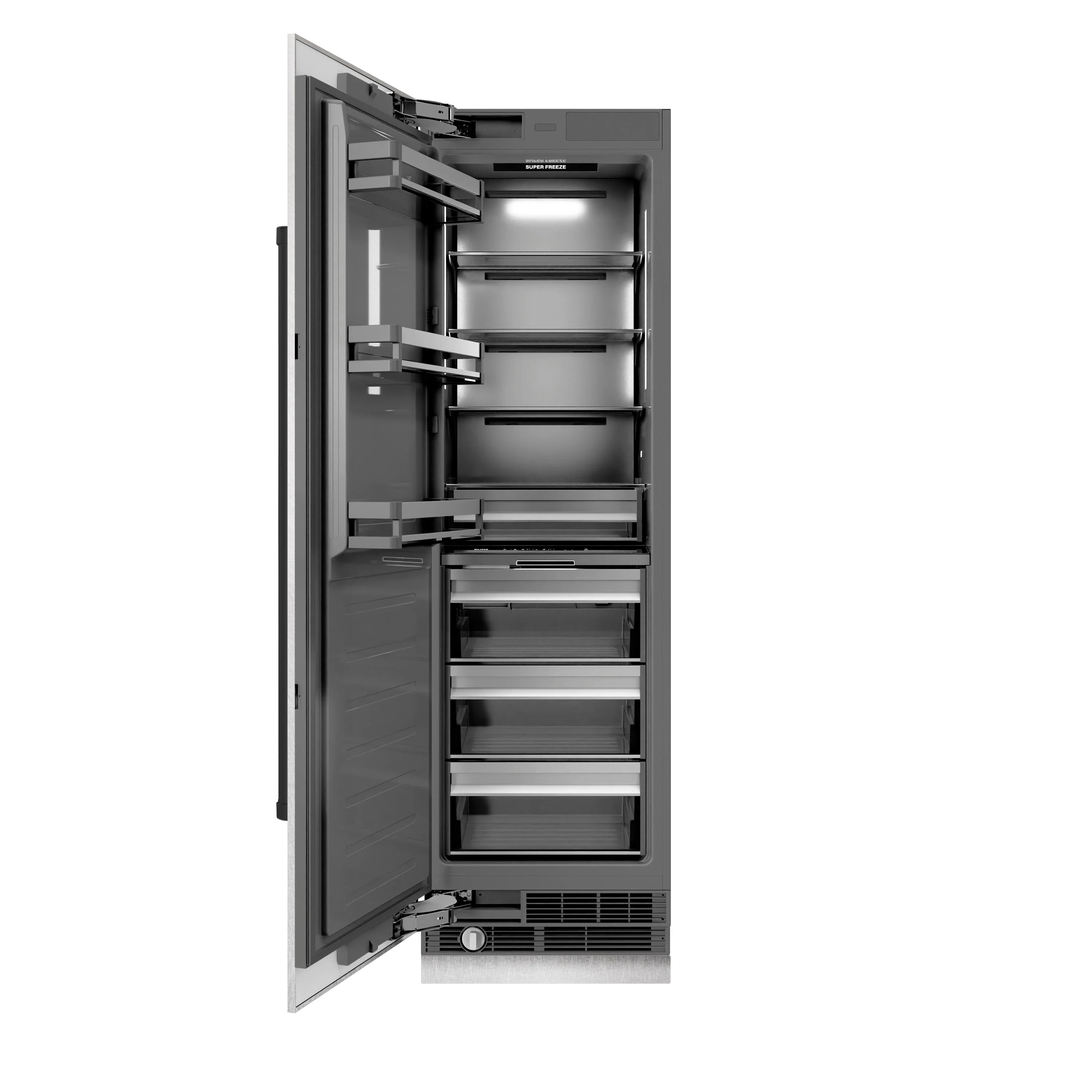 Column freezer open with stacked shelves and interior compartments