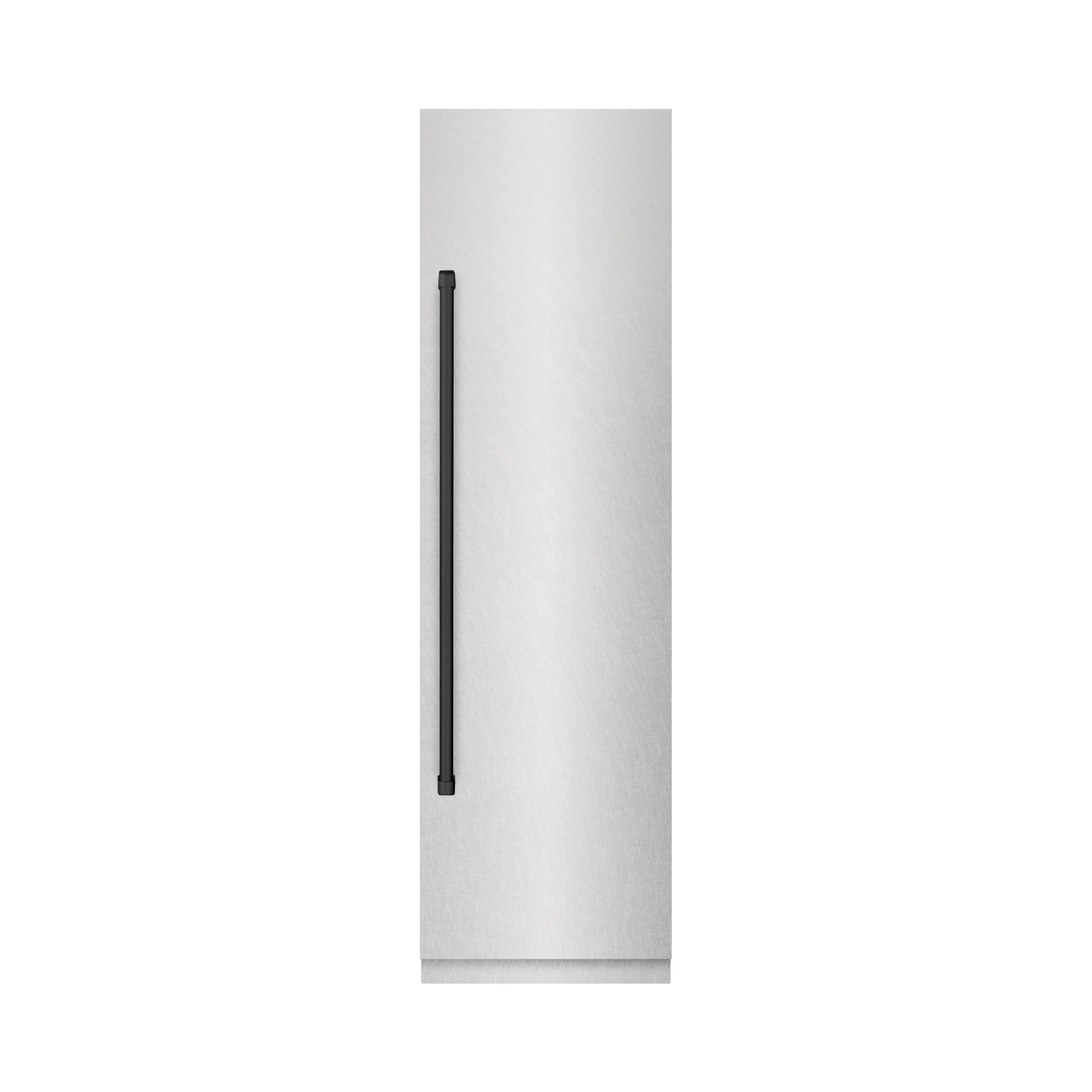 Satin stainless steel column refrigerator exterior with dark vertical handle