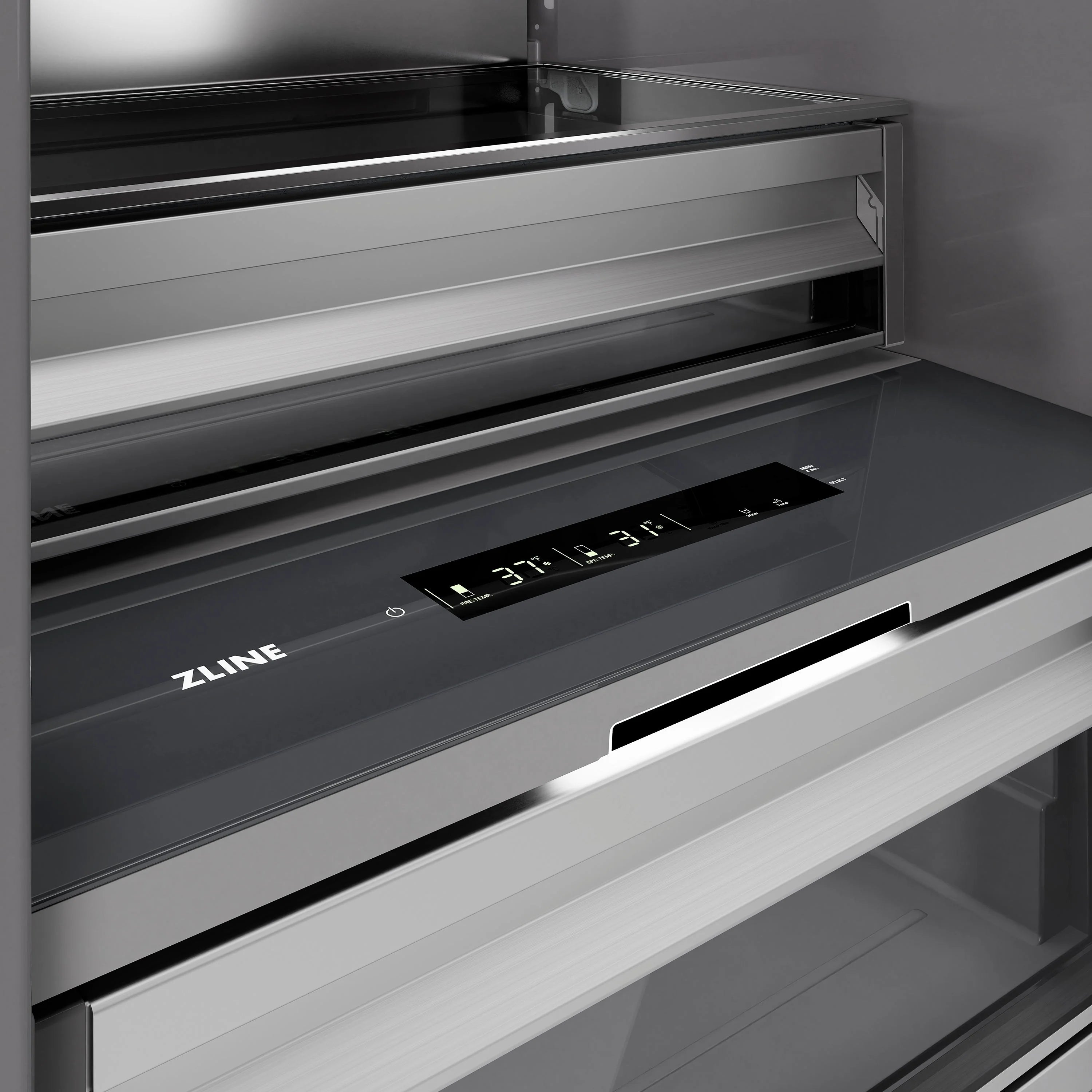 Refrigerator bottom control display with drawers in satin stainless steel