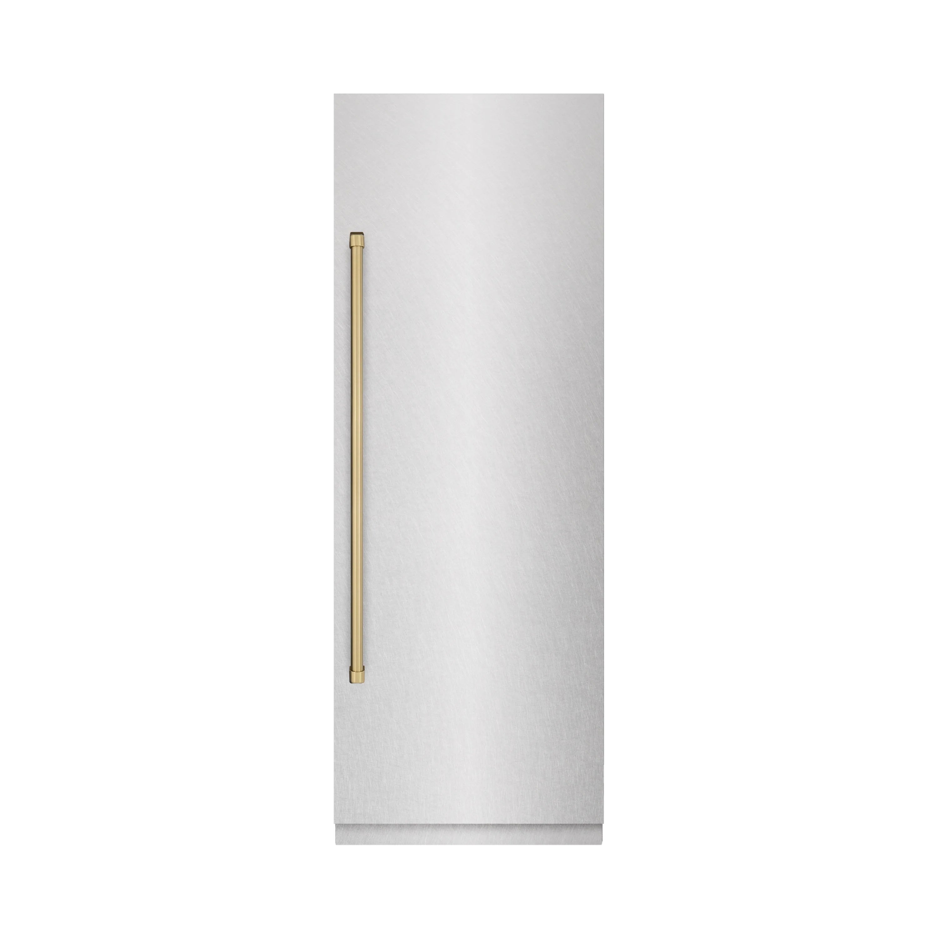 Stainless steel refrigerator door with champagne bronze vertical handle accent