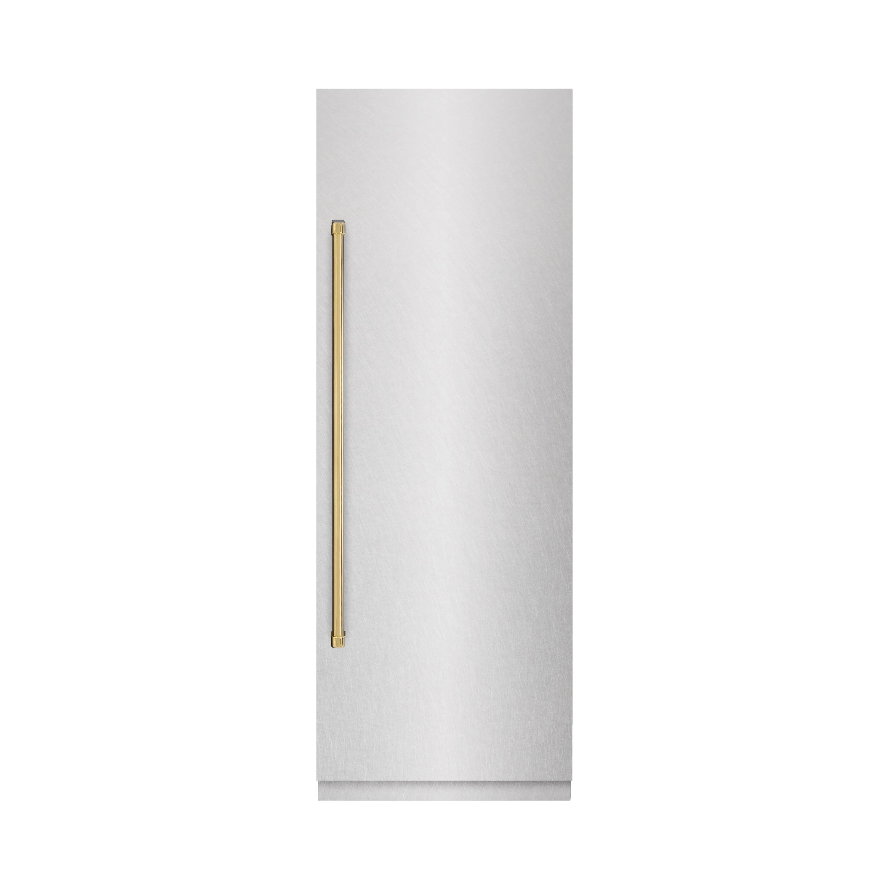 Matte dark refrigerator handle bar with long vertical gold accent on satin surface