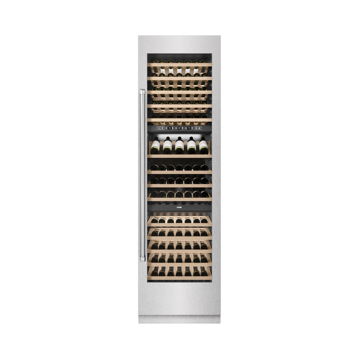 ZLINE column wine cooler open front view with wooden racks for wine bottles