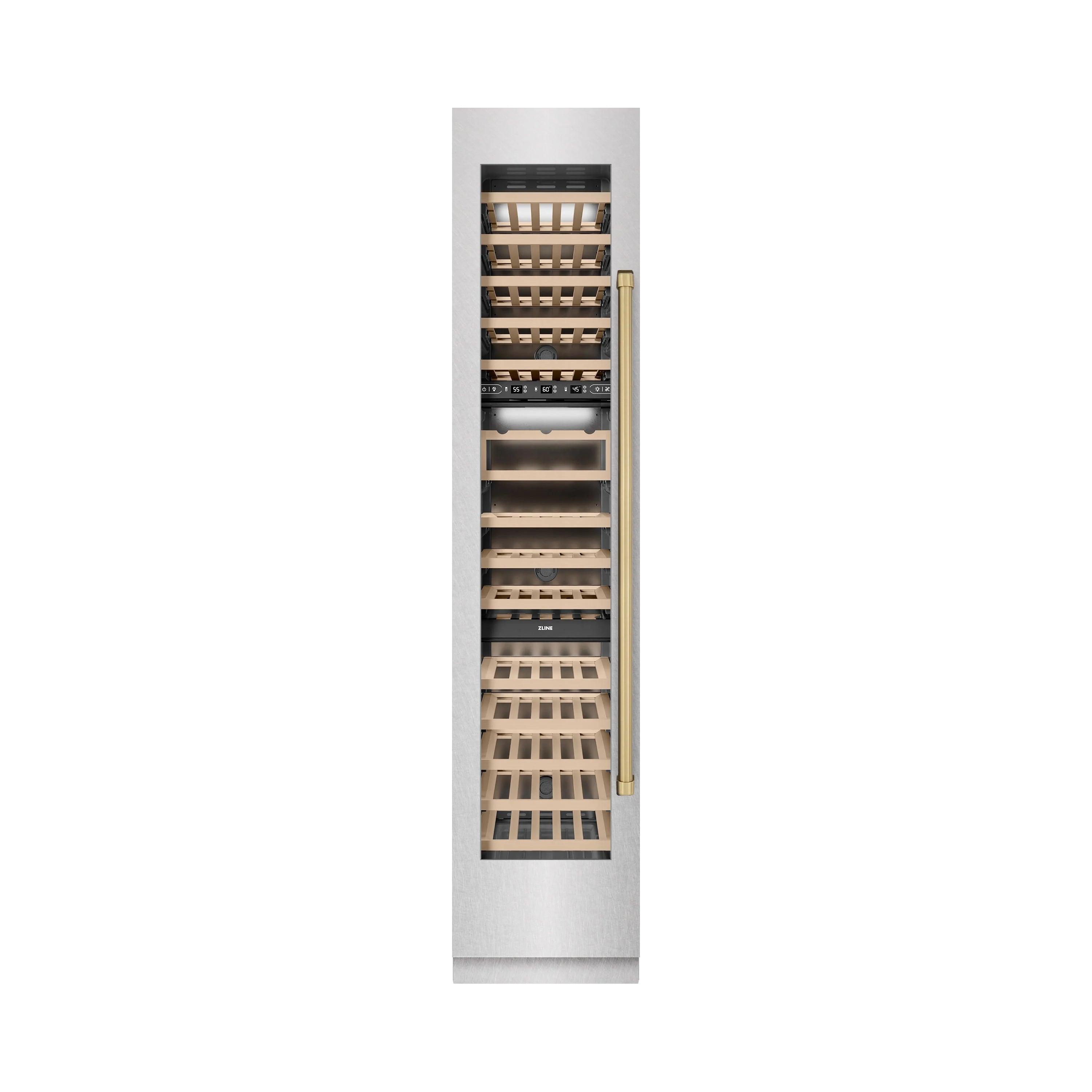 Left-hinged wine cooler with wooden shelves and bottle storage racks