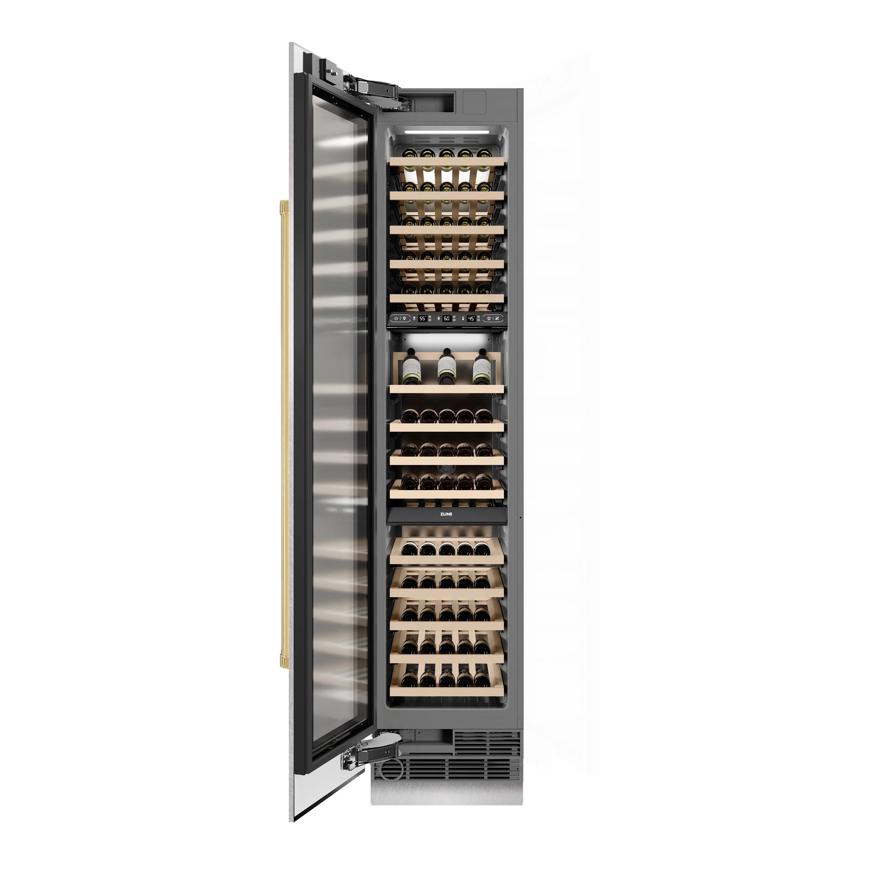Wine cooler open door view with wood wine racks and gold-accent handle