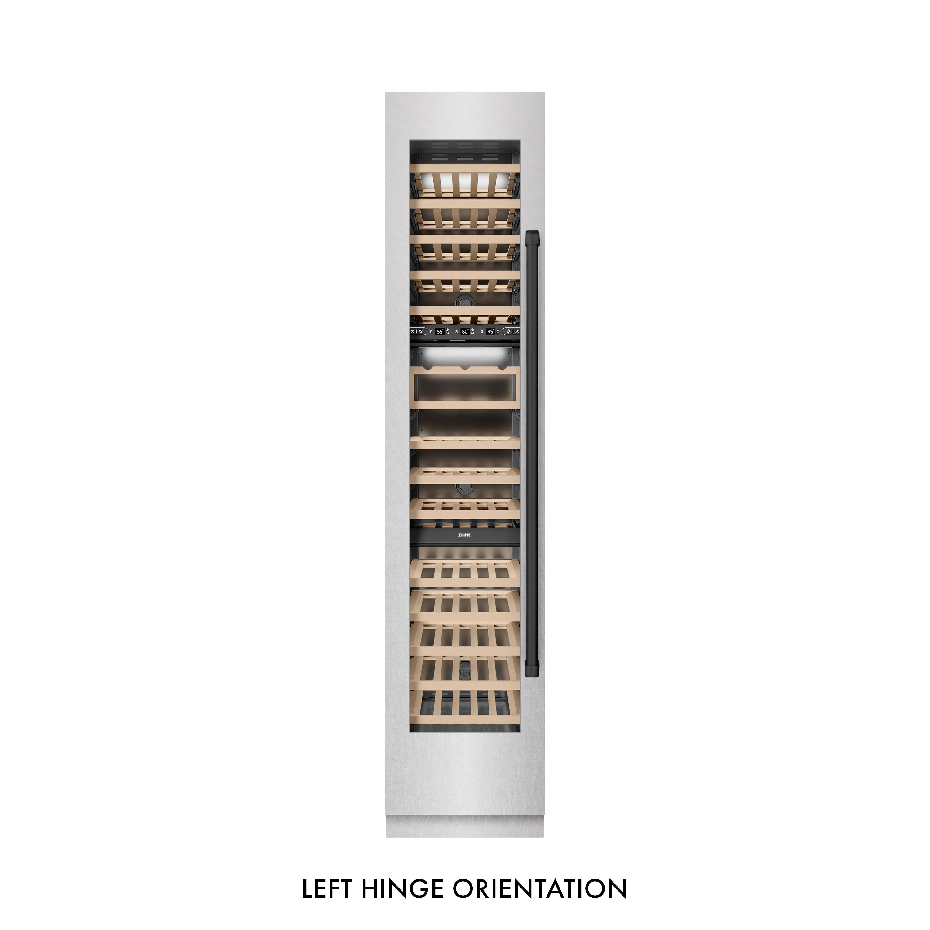 Left-hinge wine cooler door shown with rows of wooden wine bottle storage