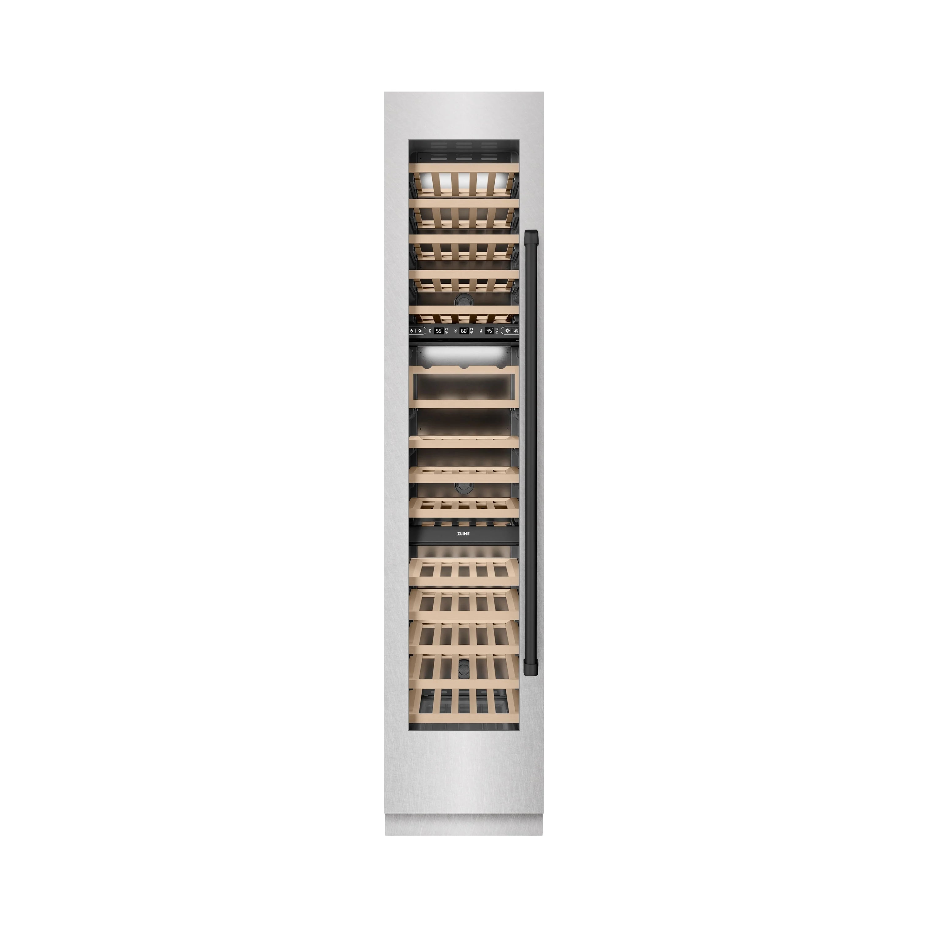 Left-hinge wine cooler with stainless steel door and visible wooden bottle racks