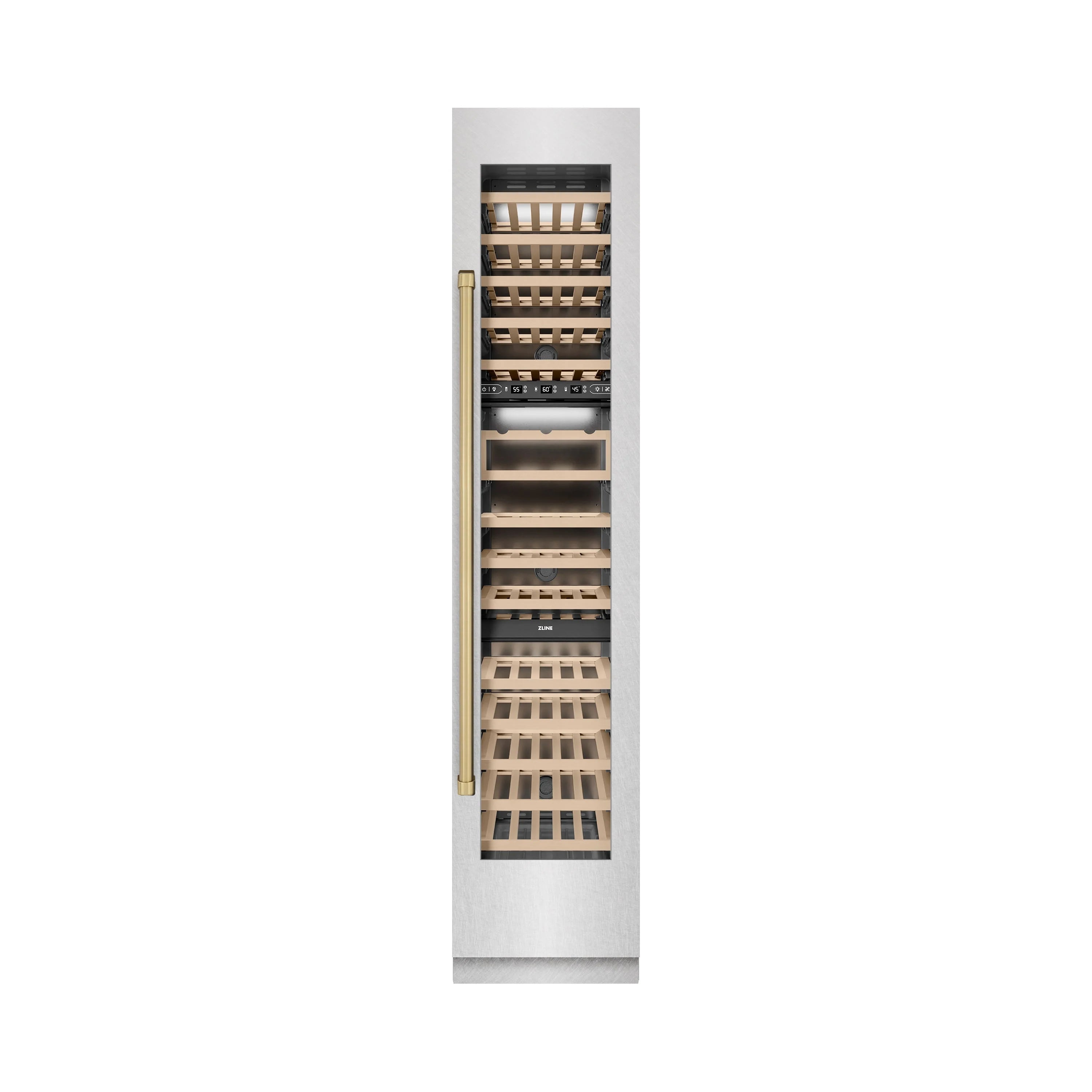 Wine cooler front view with birch racks and champagne bronze handle detail