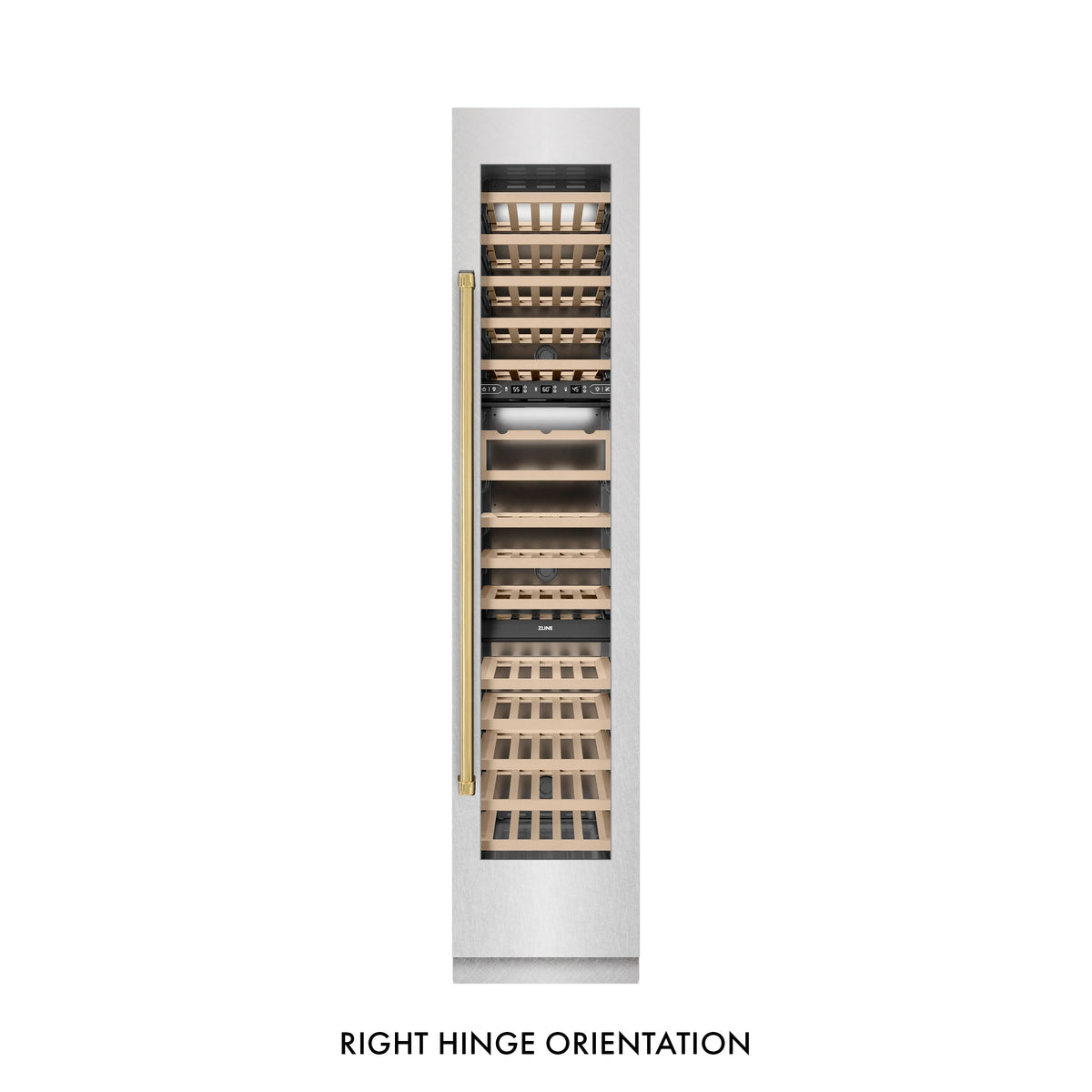 Wine cooler door with polished gold handle and wooden wine racks