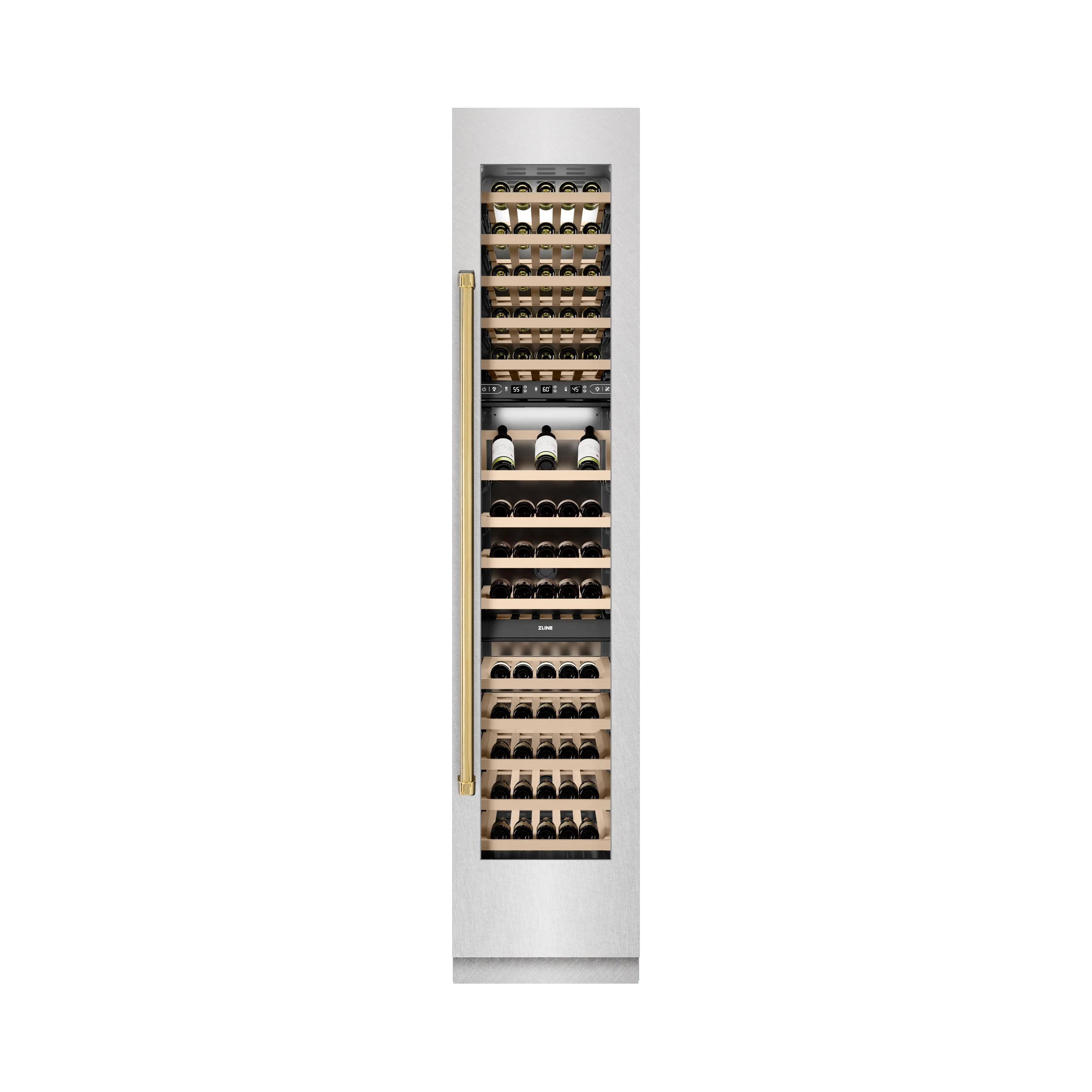 Wine cooler with polished gold handle and filled wooden wine racks