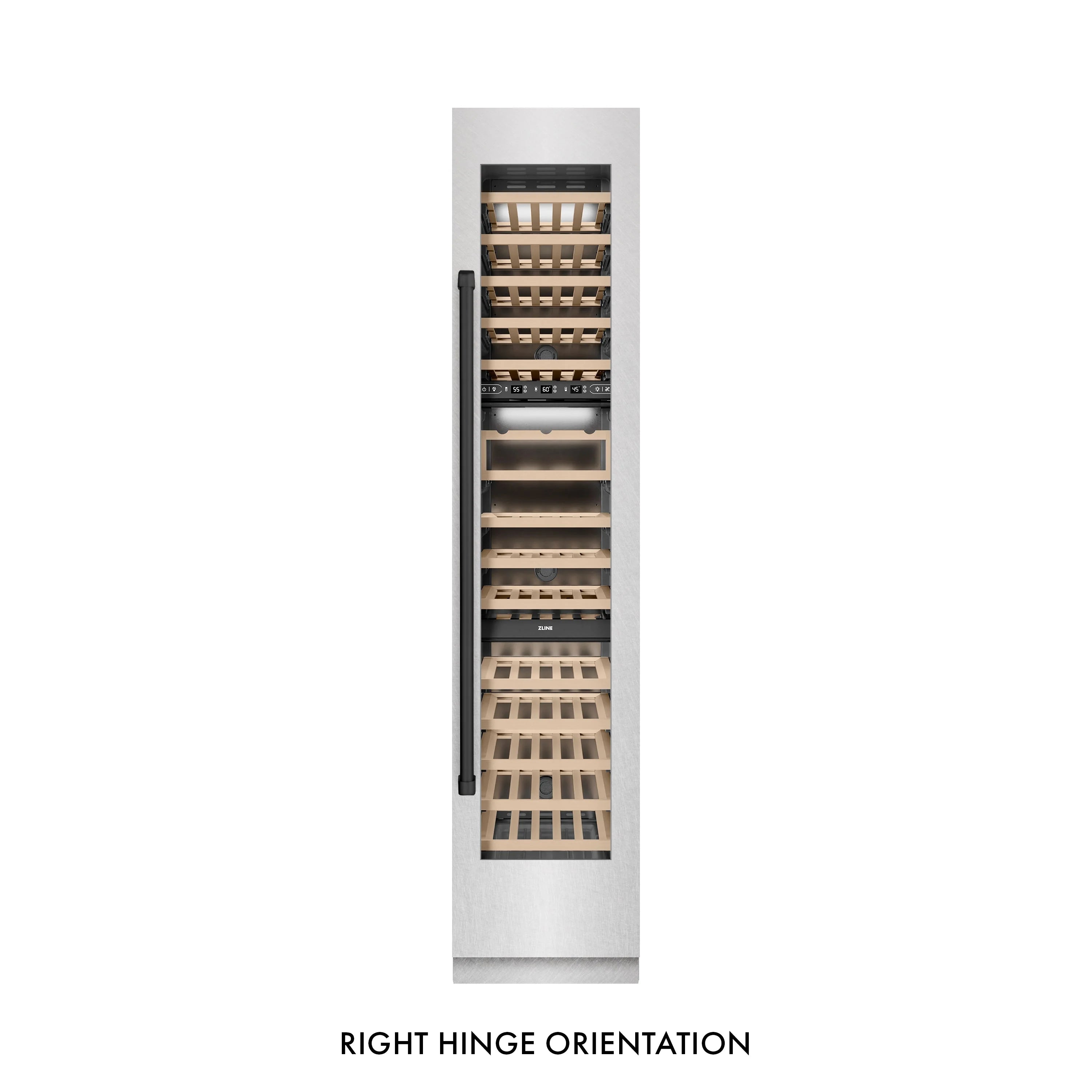 Tall wine cooler illustration, right hinge side opening with visible inner shelving
