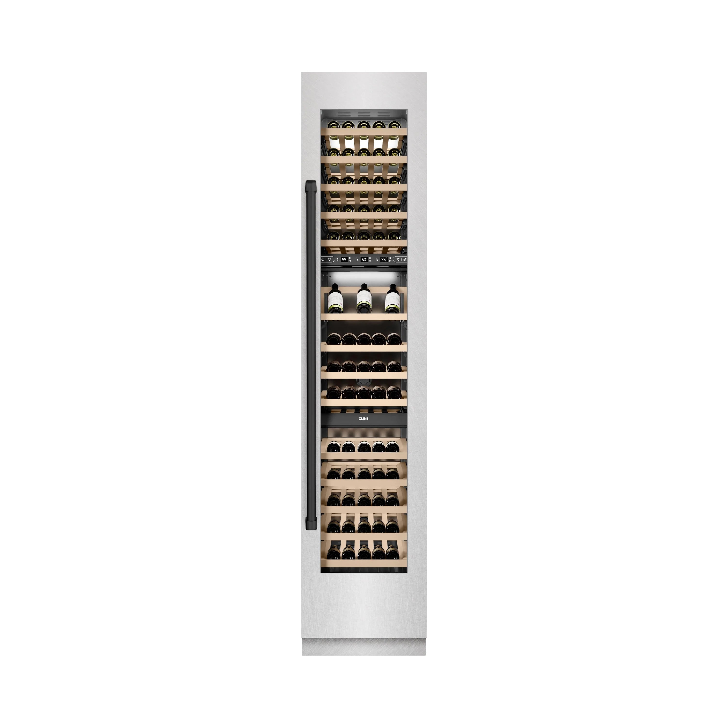 Wine cooler with bottles on stacked wooden shelves and a right-hinge door frame