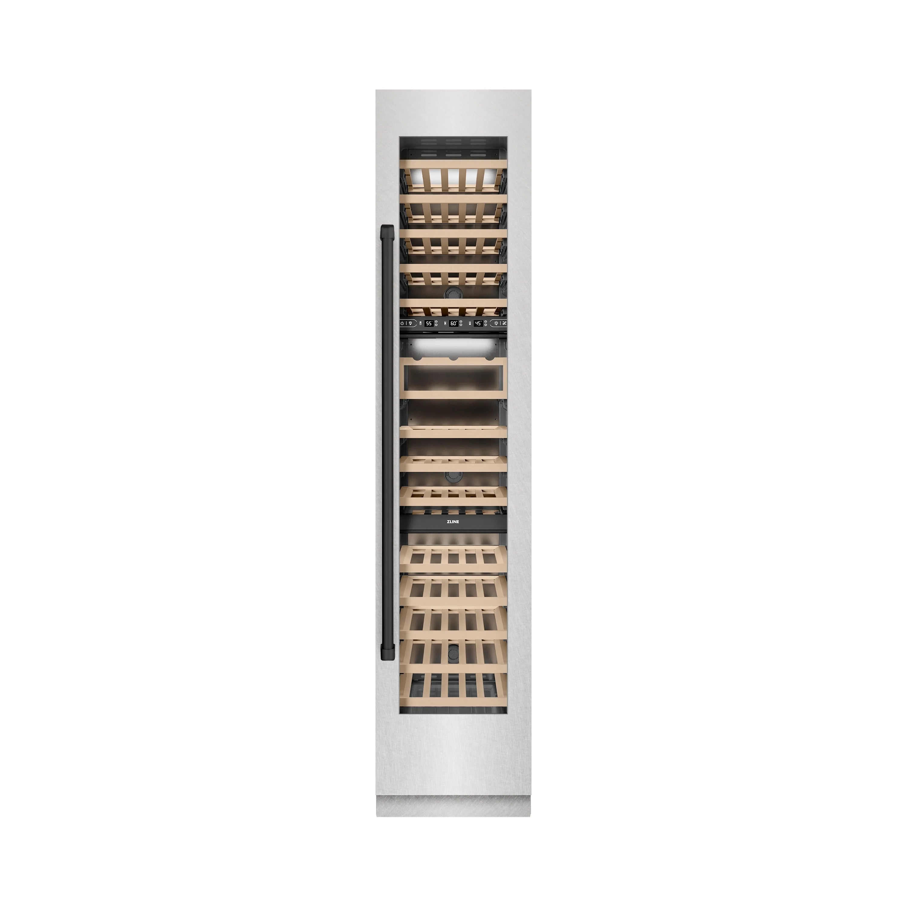 Tall wine cooler illustration showing right-hinge door and interior racks