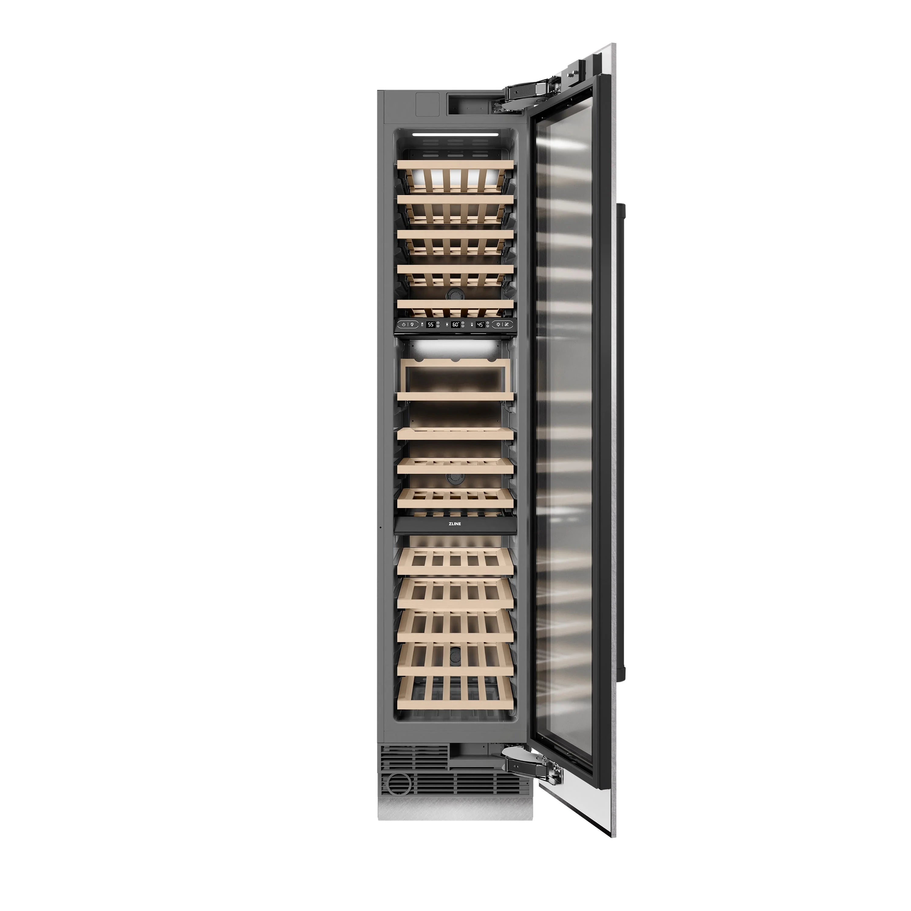 Wine cooler with door open showing wooden shelves, bottle storage racks, and hinge hardware