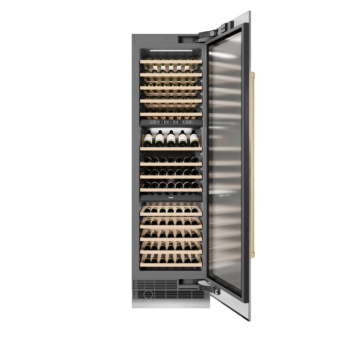 Triple-zone bottle wine cooler with open door, stainless steel interior racks