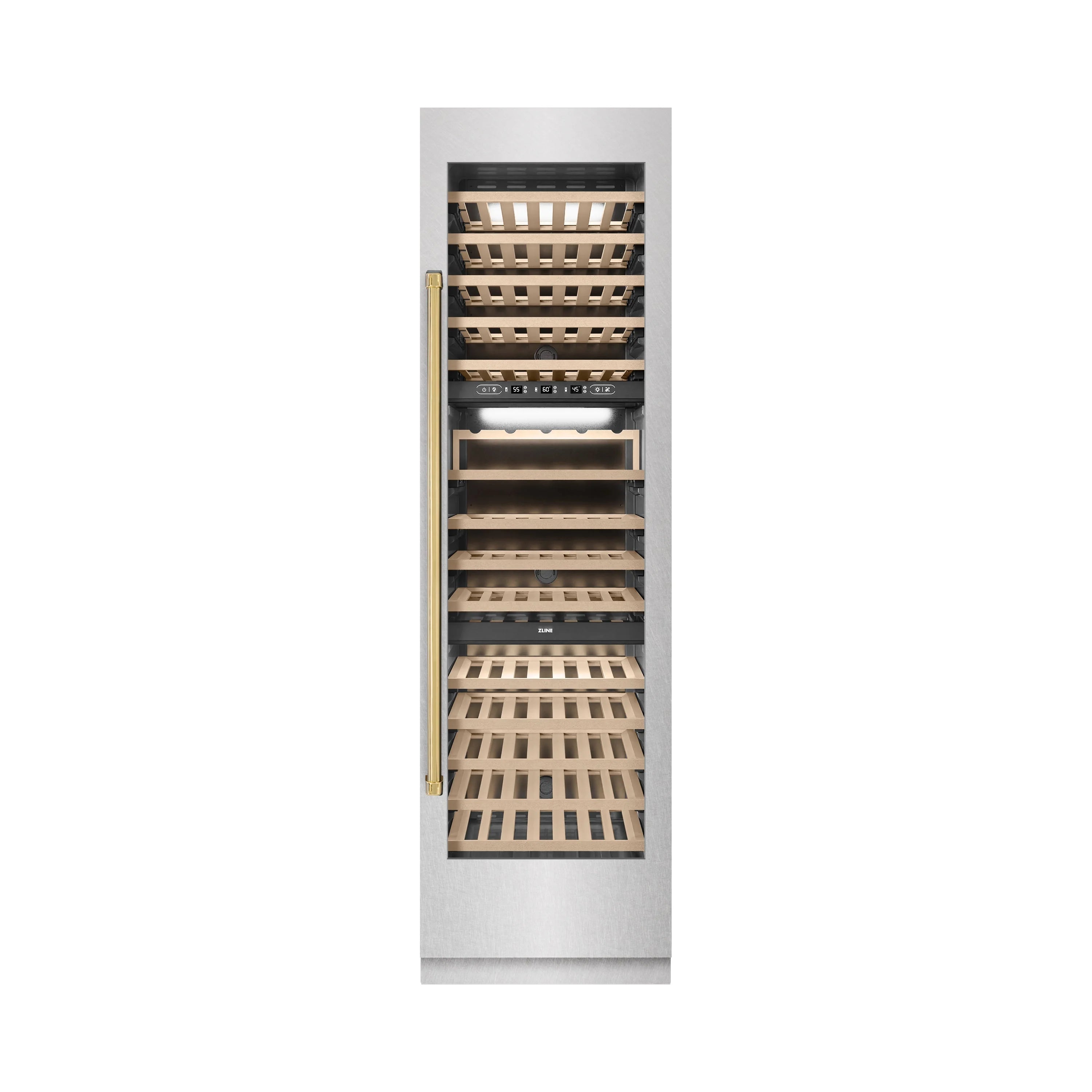 Stainless steel column wine cooler with glass door and wooden wine bottle racks inside.