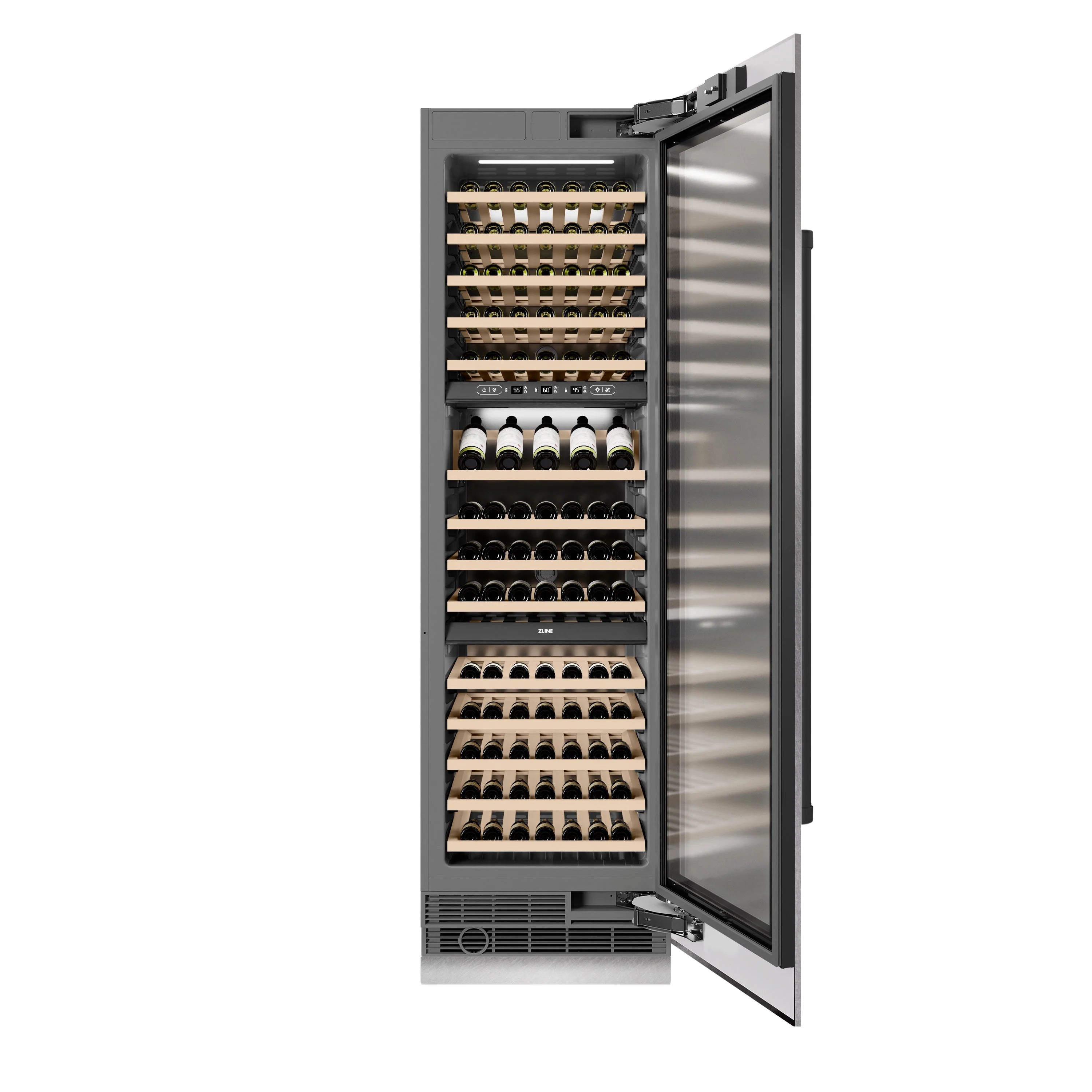 Wine cooler open door with illuminated racks and multiple bottles in storage