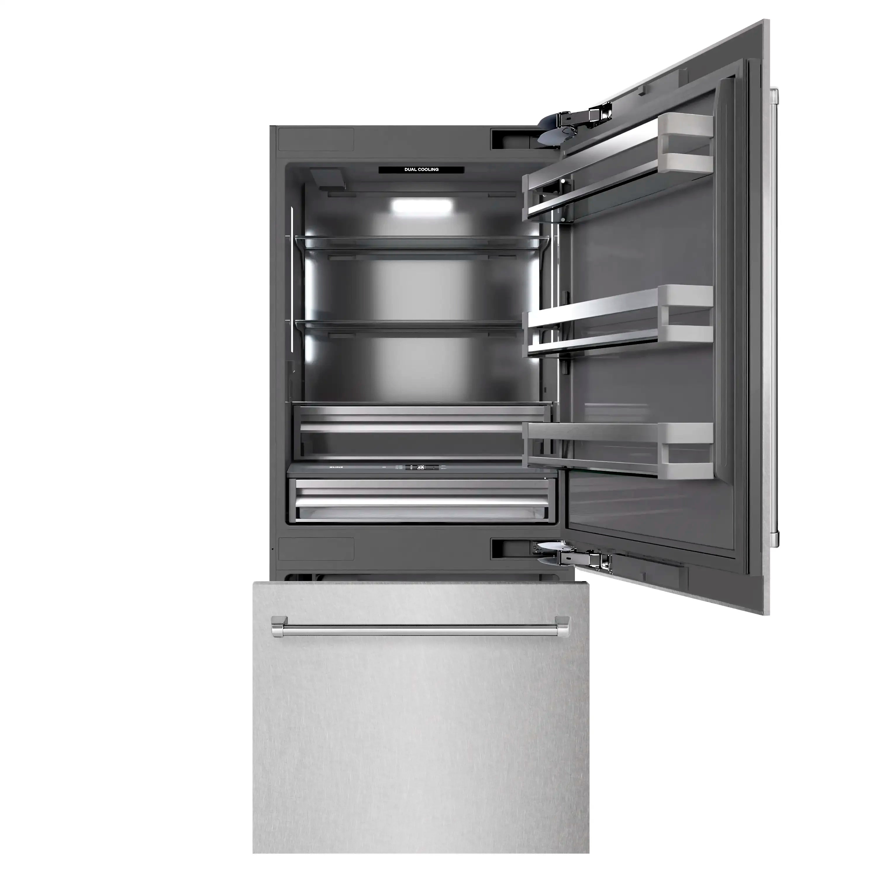 Open bottom freezer refrigerator with interior shelves and slide-out drawers