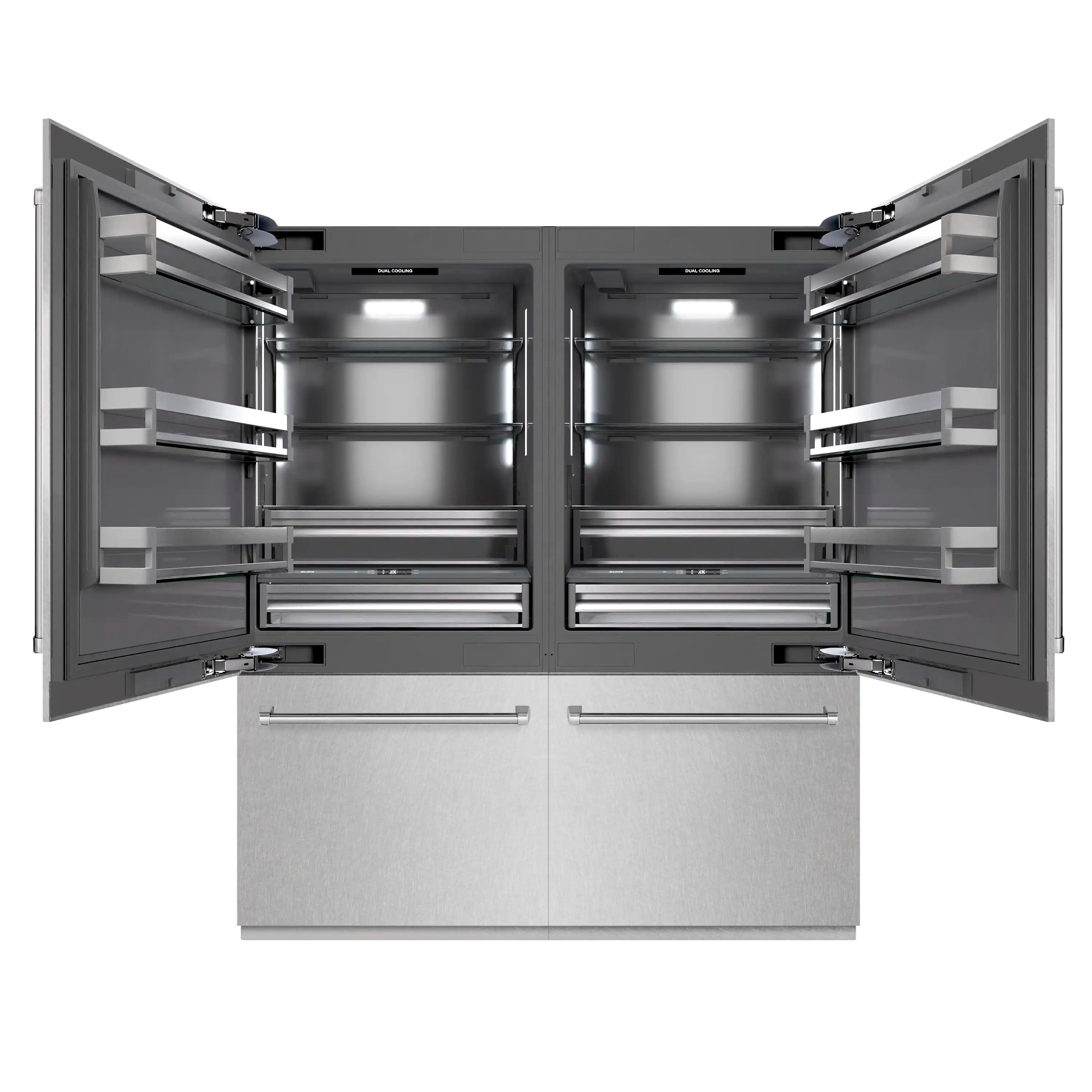 French door refrigerator fully open, showing interior shelves and freezer compartments.