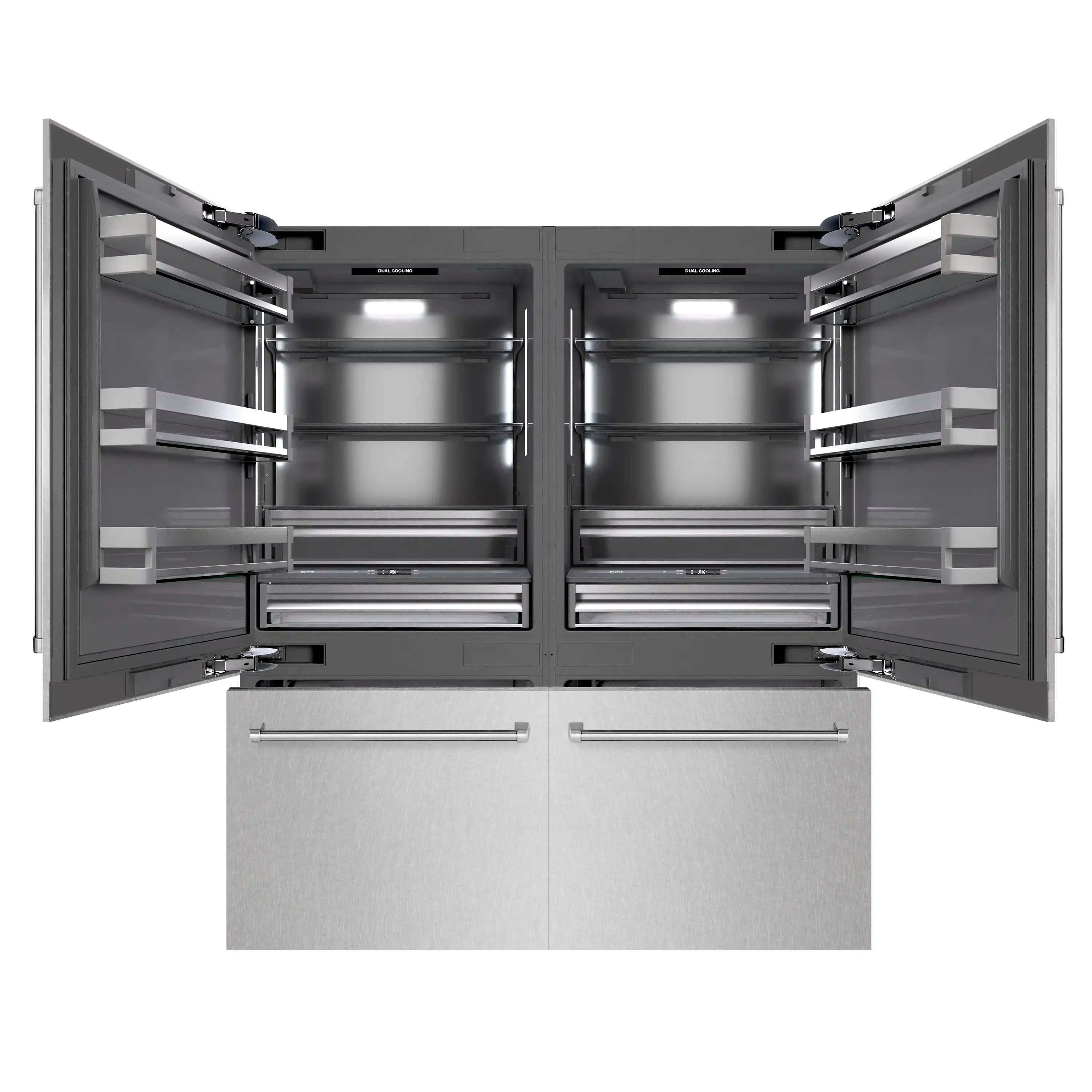 Open French door refrigerator interior with adjustable glass shelves and side rails.