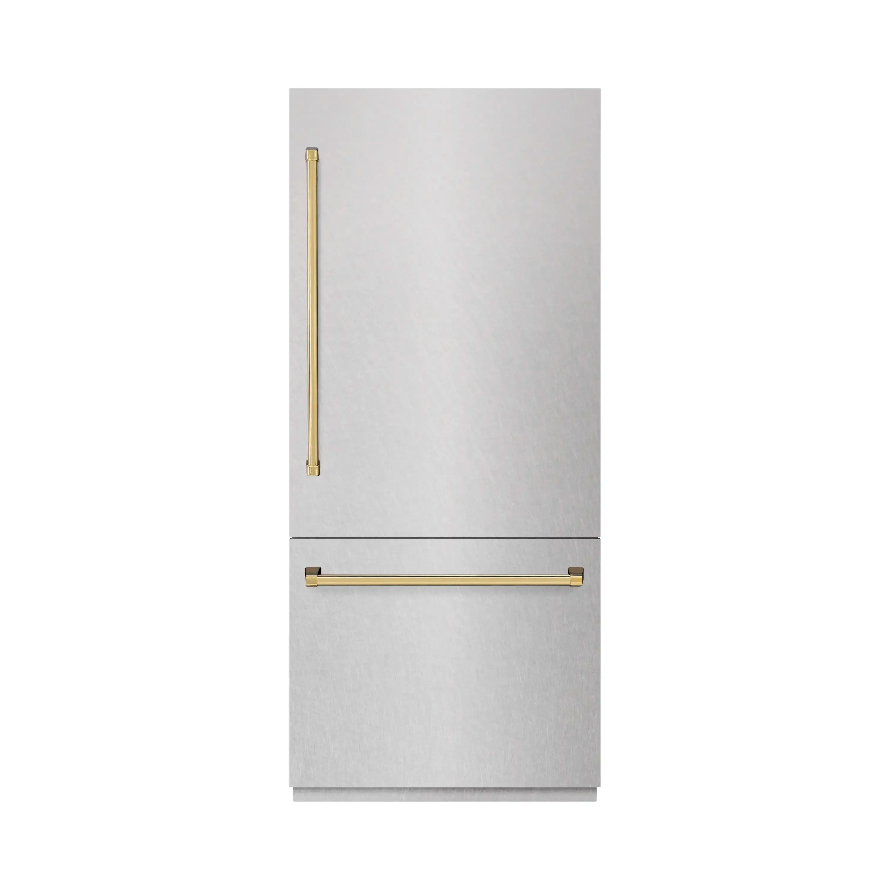 Built-in bottom freezer refrigerator in satin stainless steel with gold bar handles