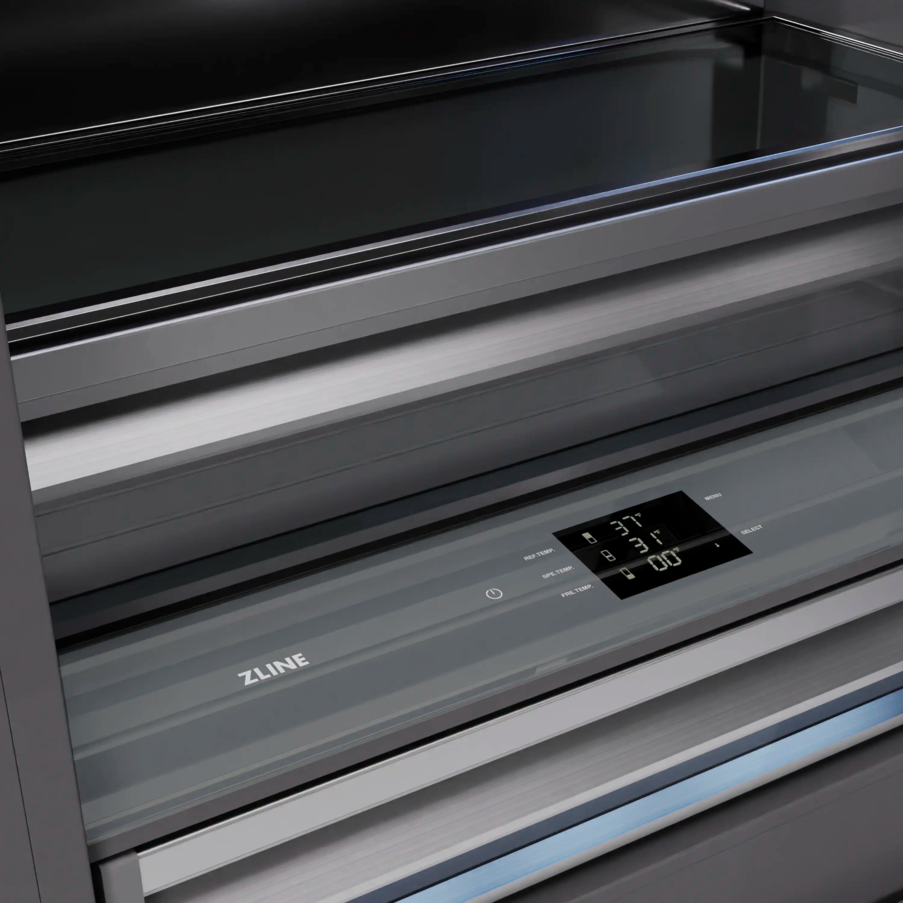 Bottom freezer refrigerator front with digital dispenser controls, satin stainless steel
