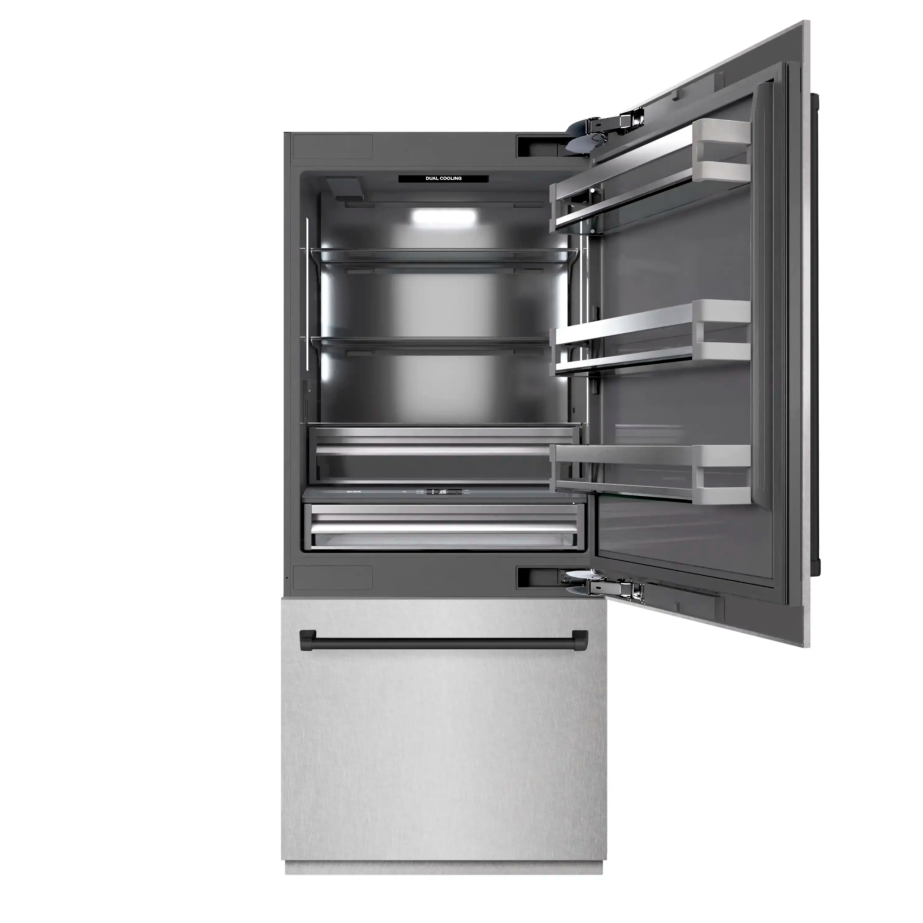 Bottom freezer refrigerator with open freezer door, satin stainless exterior and graphite interior