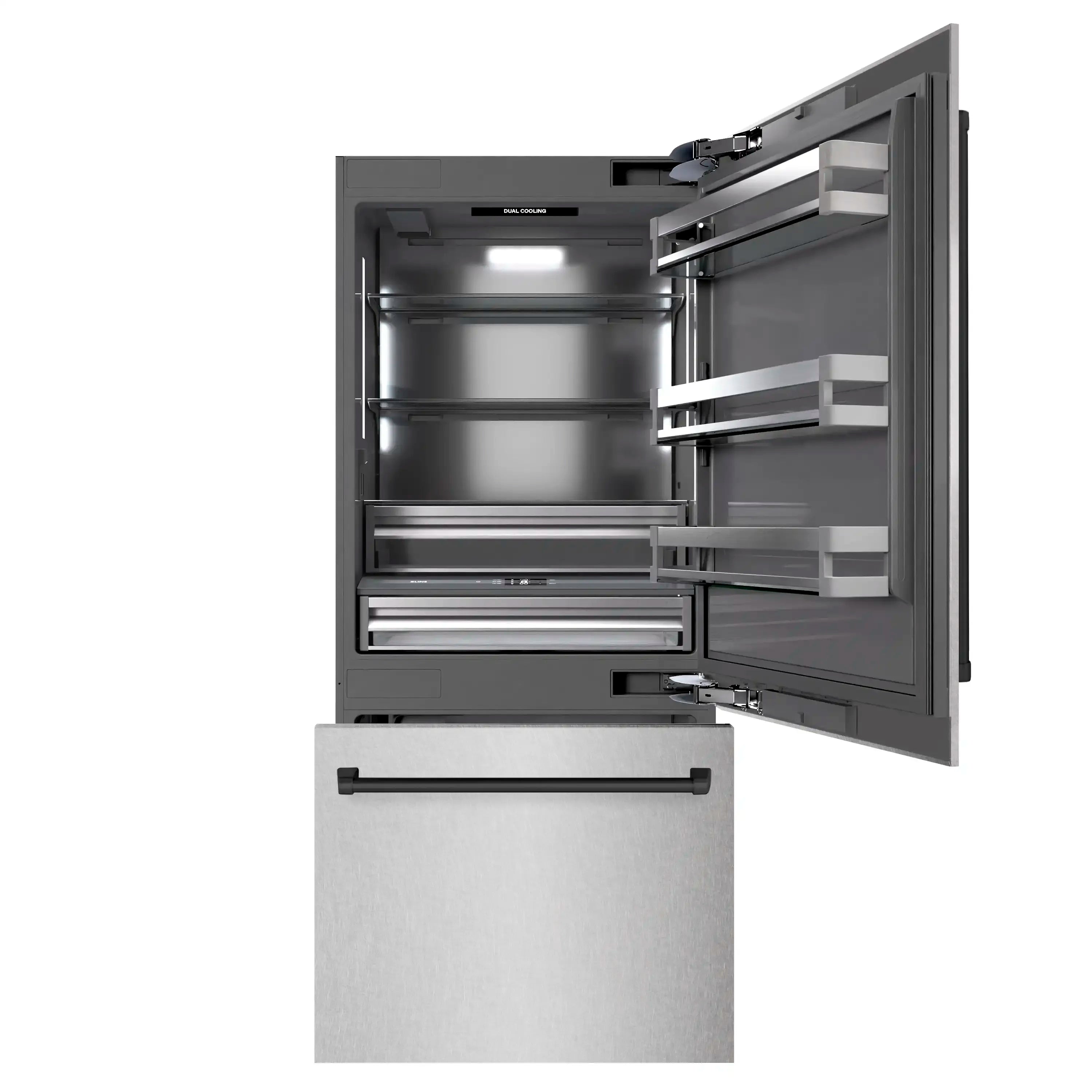 Bottom freezer refrigerator door open, adjustable shelves and drawers in graphite interior