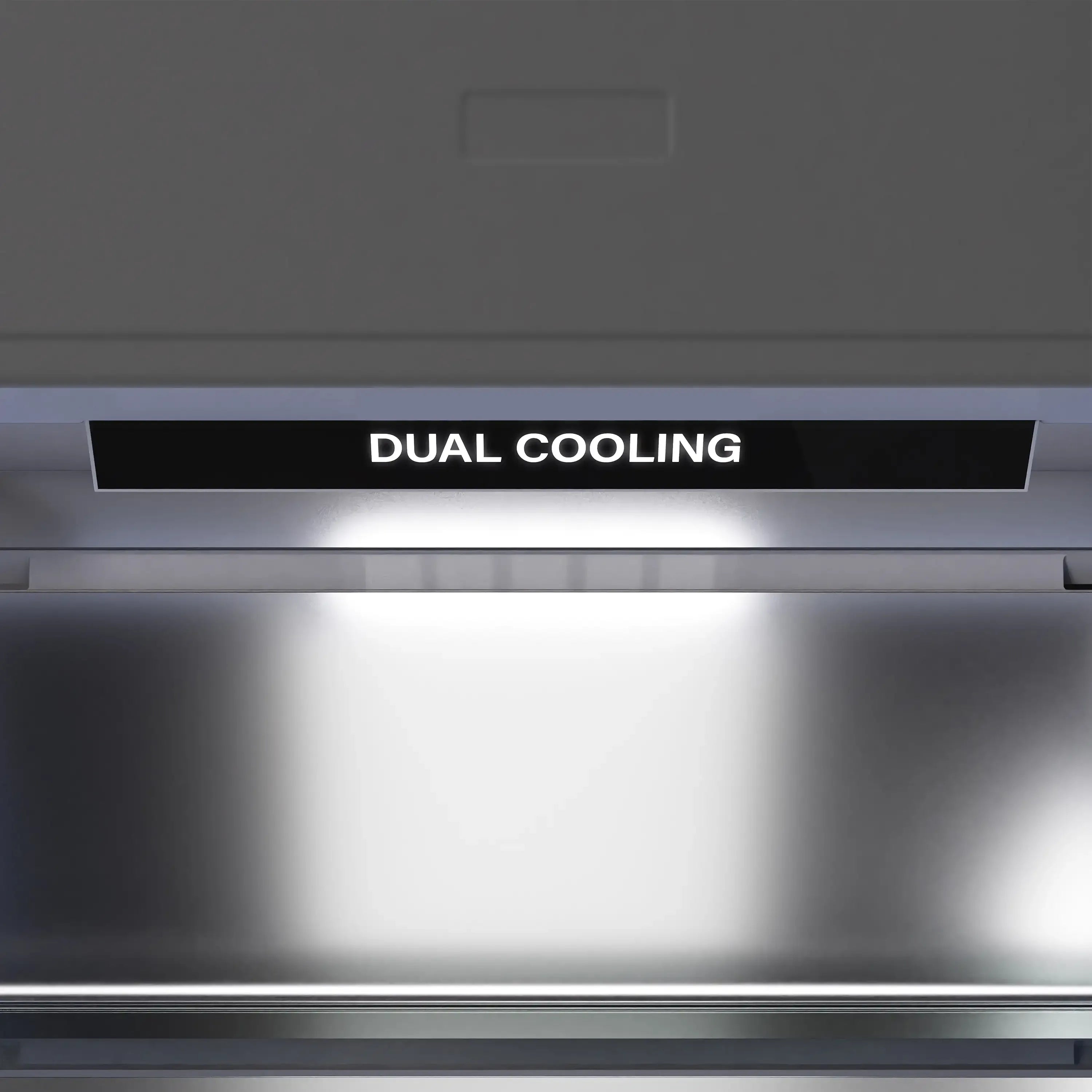 Refrigerator interior with control panel reading "DUAL COOLING"